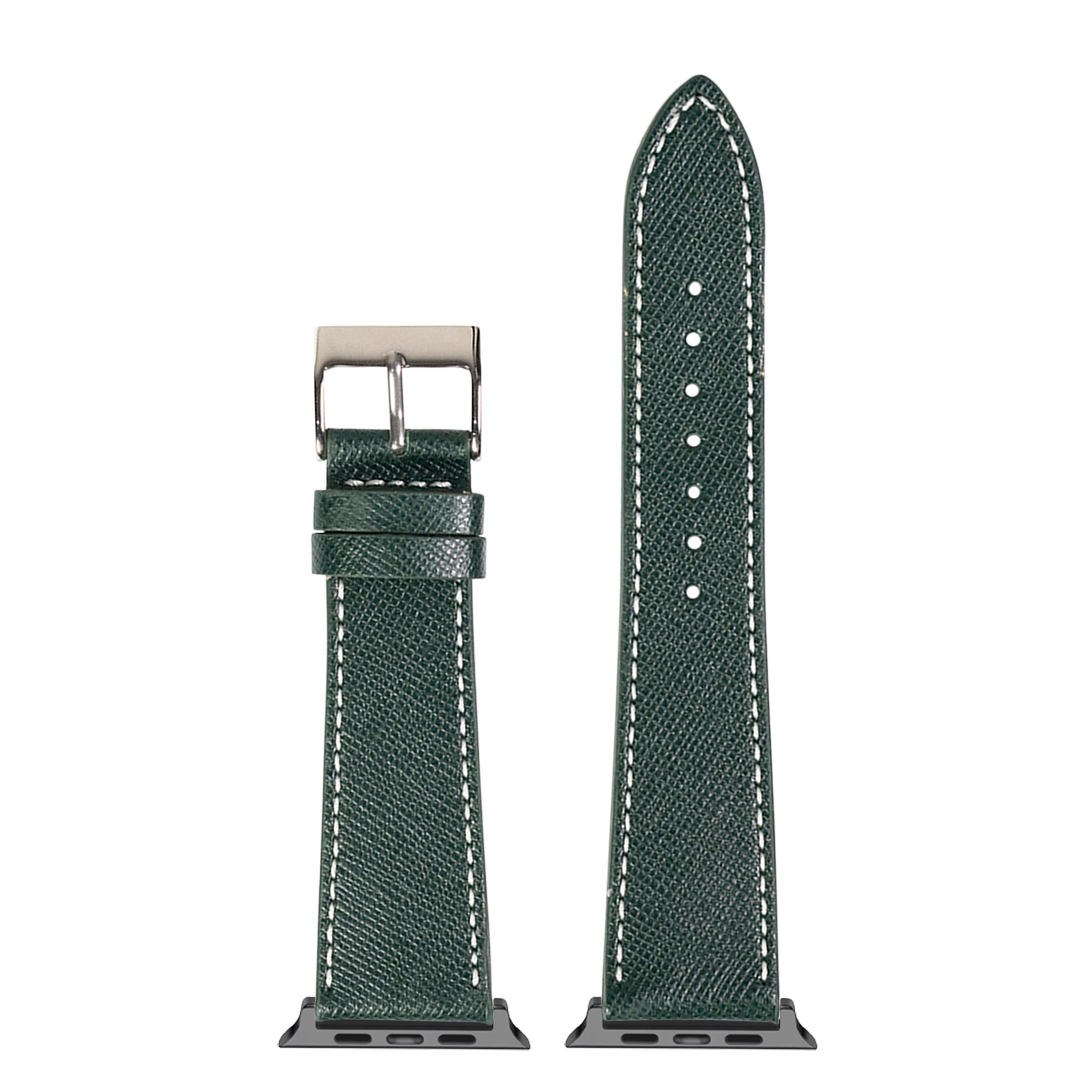 Forest green saffiano leather Apple Watch band with white stitching and stainless steel buckle