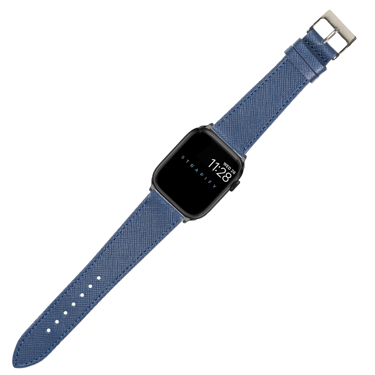 Blue saffiano leather Apple Watch band with silver buckle and black smartwatch face displaying time