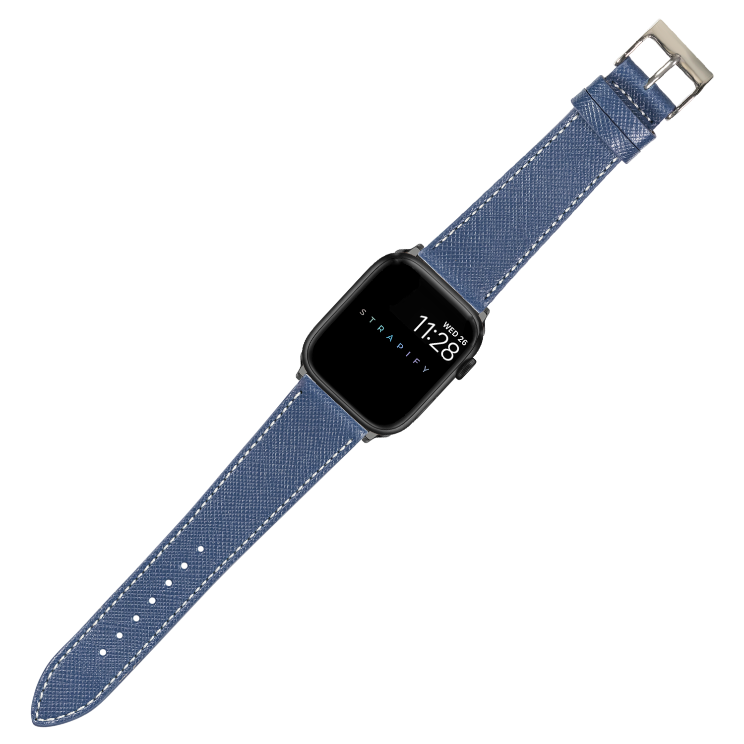 Navy blue Saffiano leather Apple Watch band with white stitching and silver buckle, displaying time on black watch face