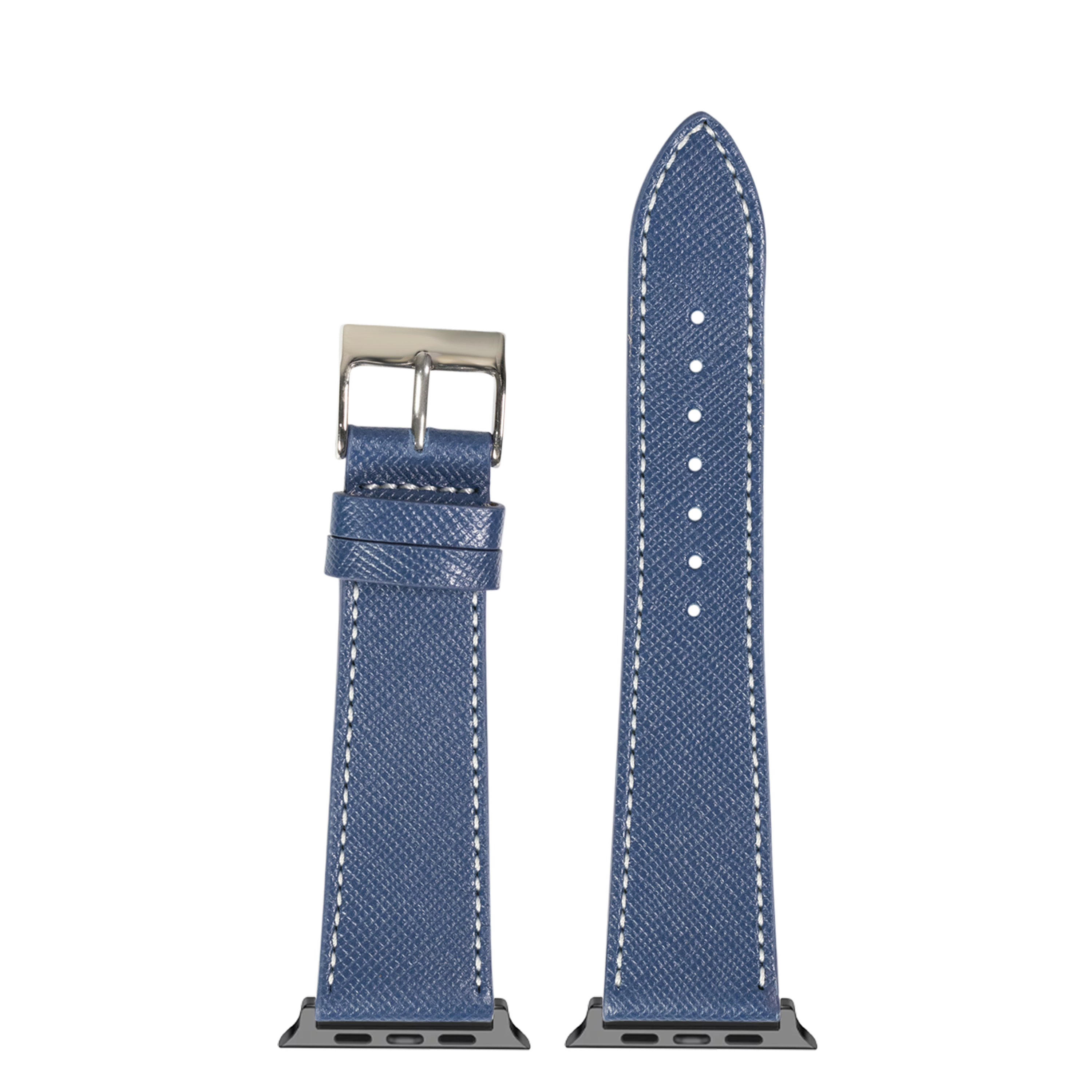 Navy blue saffiano leather Apple Watch band with white stitching and silver buckle connector