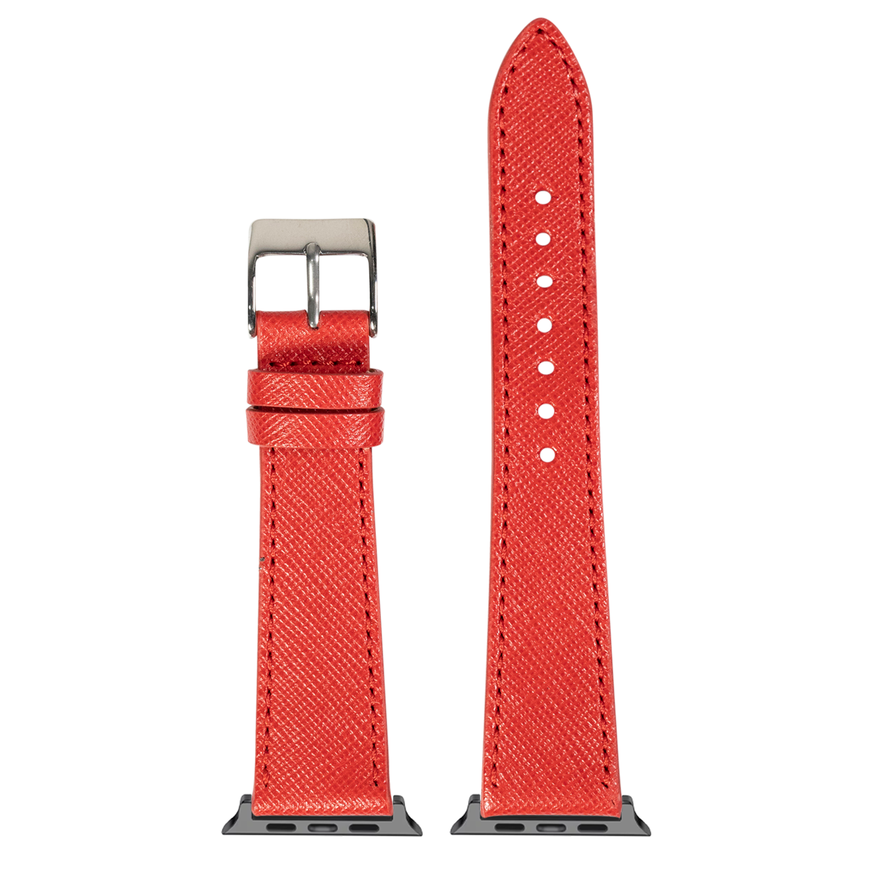 Red saffiano leather Apple Watch band with silver buckle and white stitching, shown assembled and unassembled