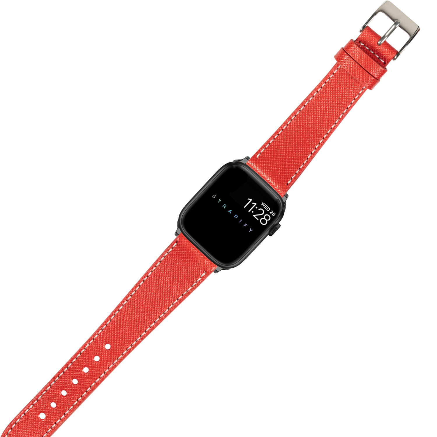 Black smartwatch with red saffiano leather band and white stitching, adjustable buckle closure, displaying time on screen
