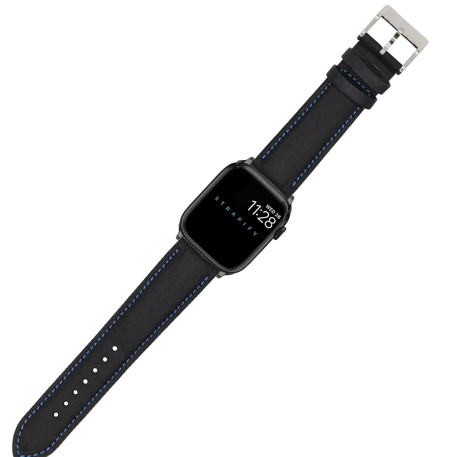 Black leather padded Apple Watch band with blue stitching and silver buckle clasp