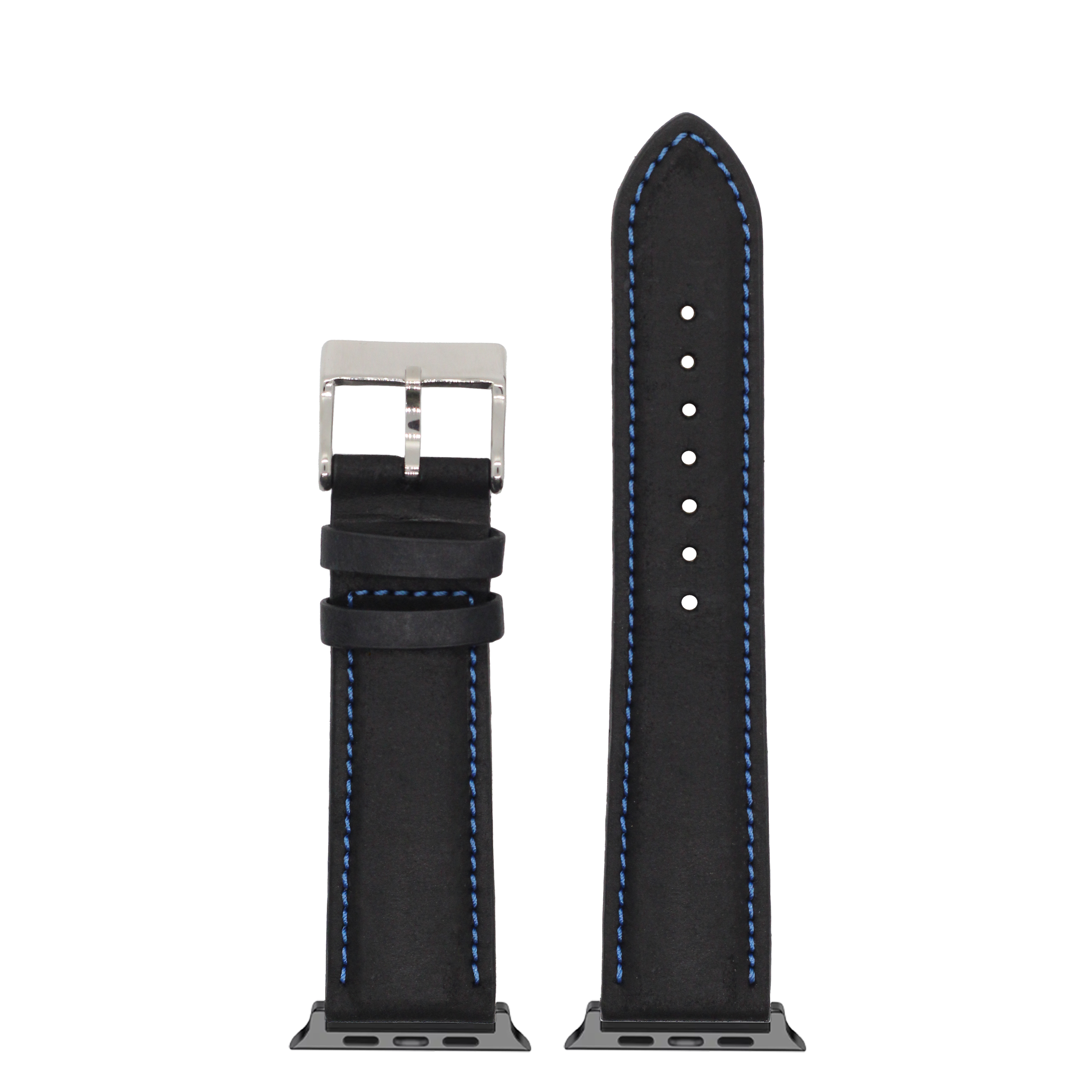 Black leather Apple Watch band with blue contrast stitching, silver buckle, and padded design shown extended and coiled