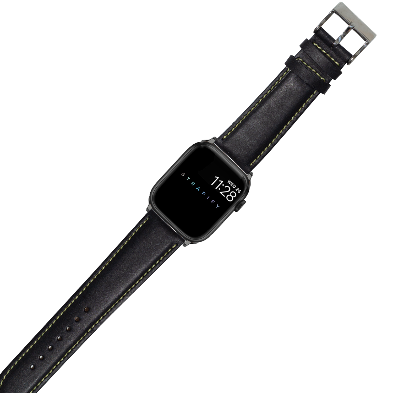 Black leather Apple Watch band with yellow stitching, stainless steel buckle, padded construction on display