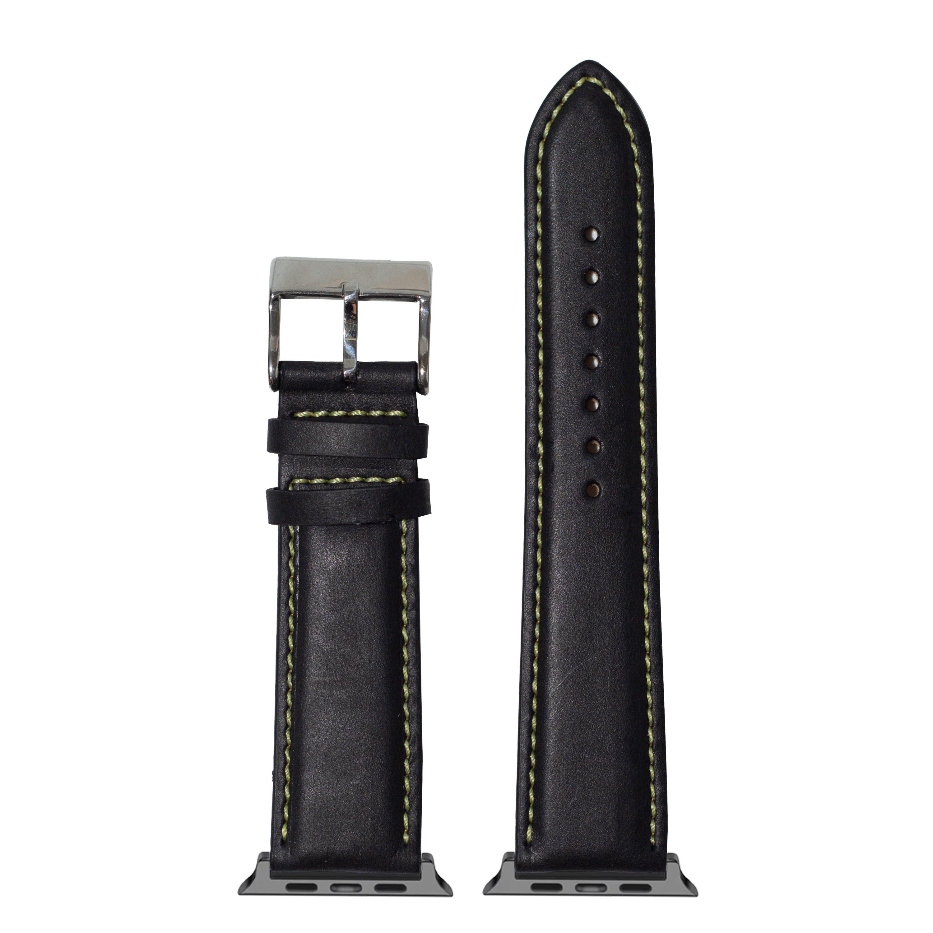 Black leather Apple Watch band with yellow stitching, stainless steel buckle, padded design with adjustment holes shown front and back view