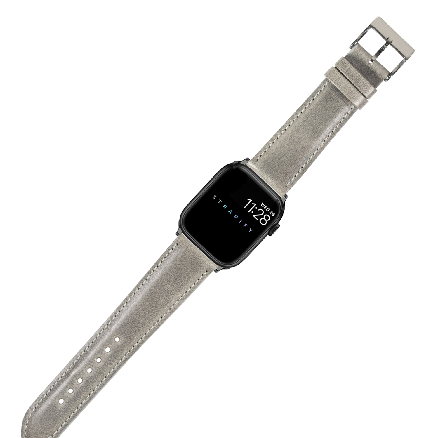 Grey padded leather Apple Watch band with silver buckle and black square smartwatch displaying time