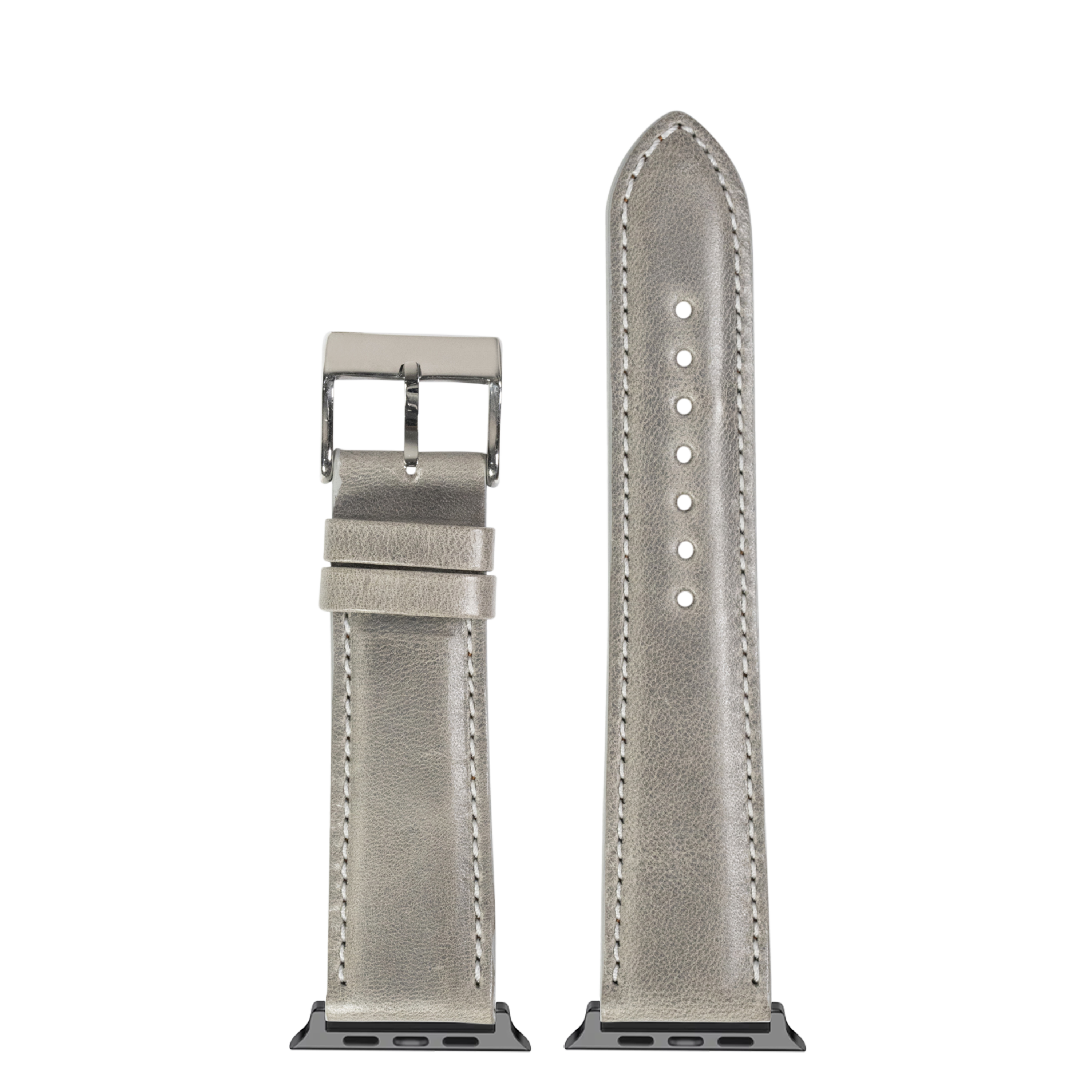 Grey padded leather Apple Watch band with stainless steel buckle and white contrast stitching