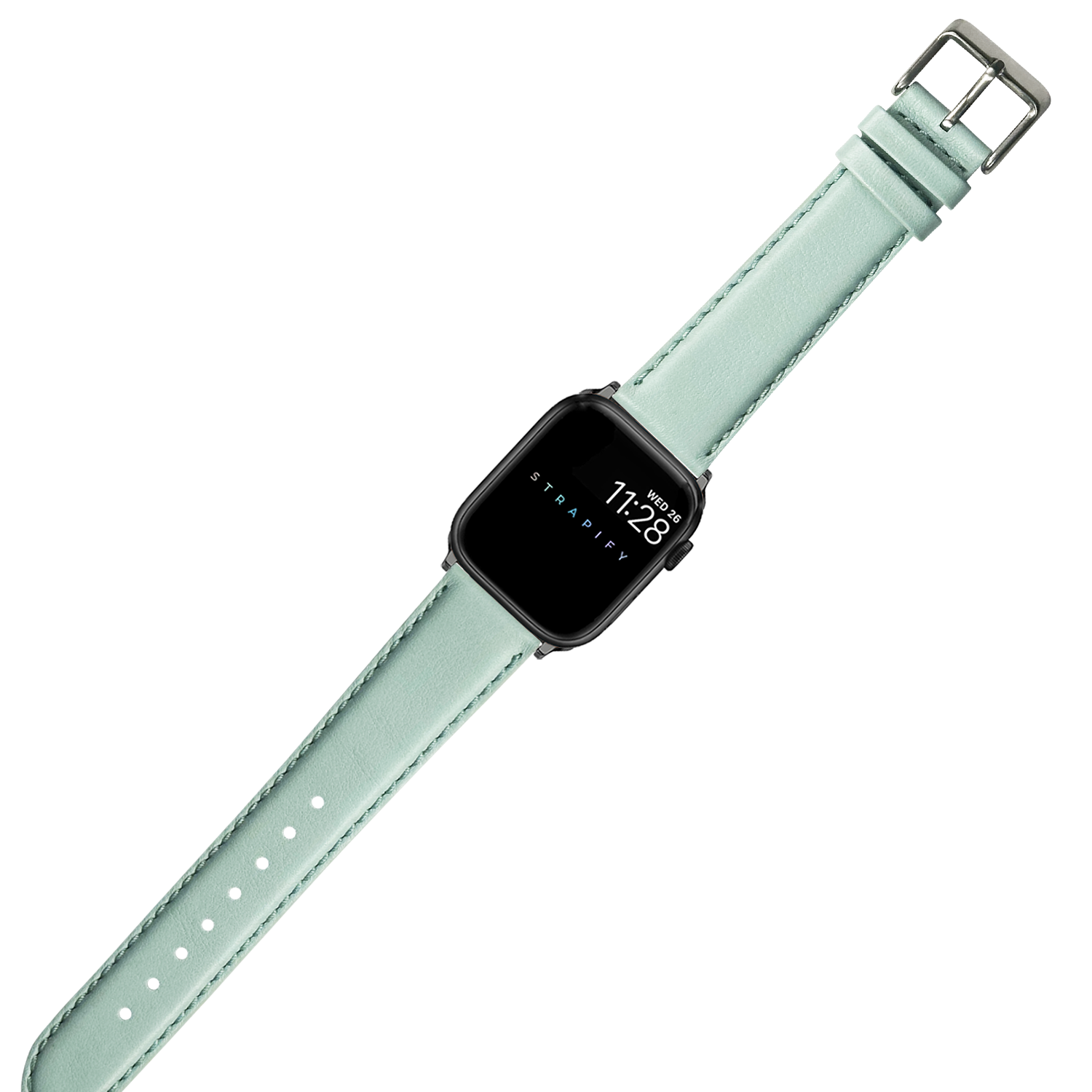 Black square smartwatch with light tiffany blue padded leather strap and silver buckle clasp