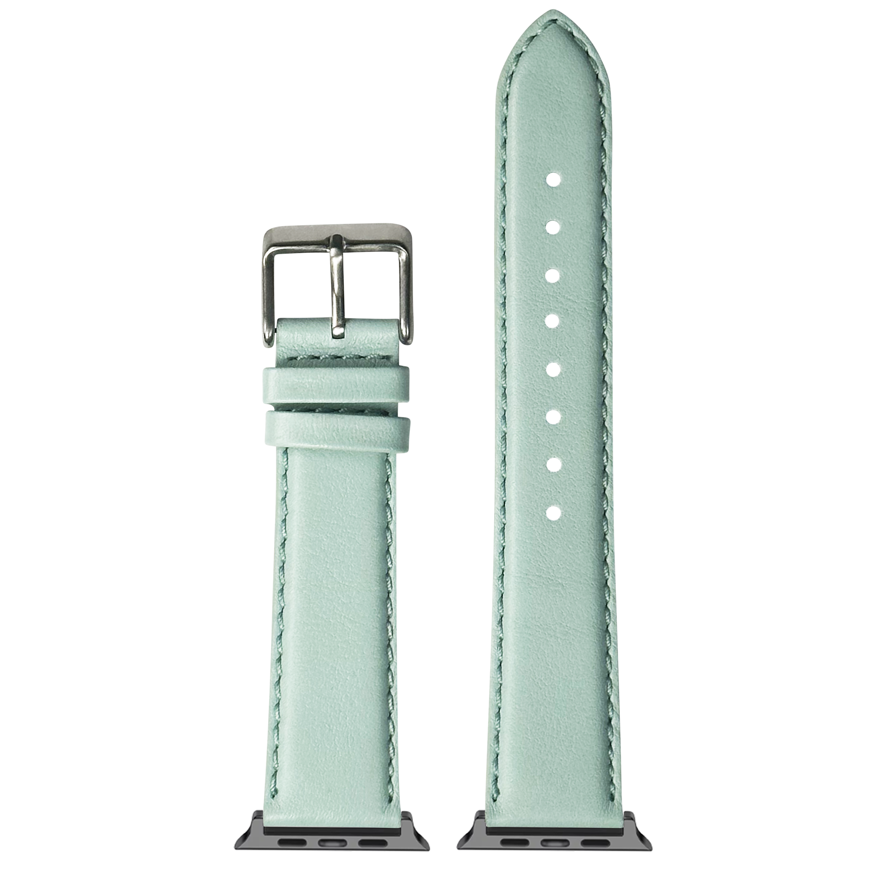 Light tiffany blue leather Apple Watch band with silver buckle and white stitching details