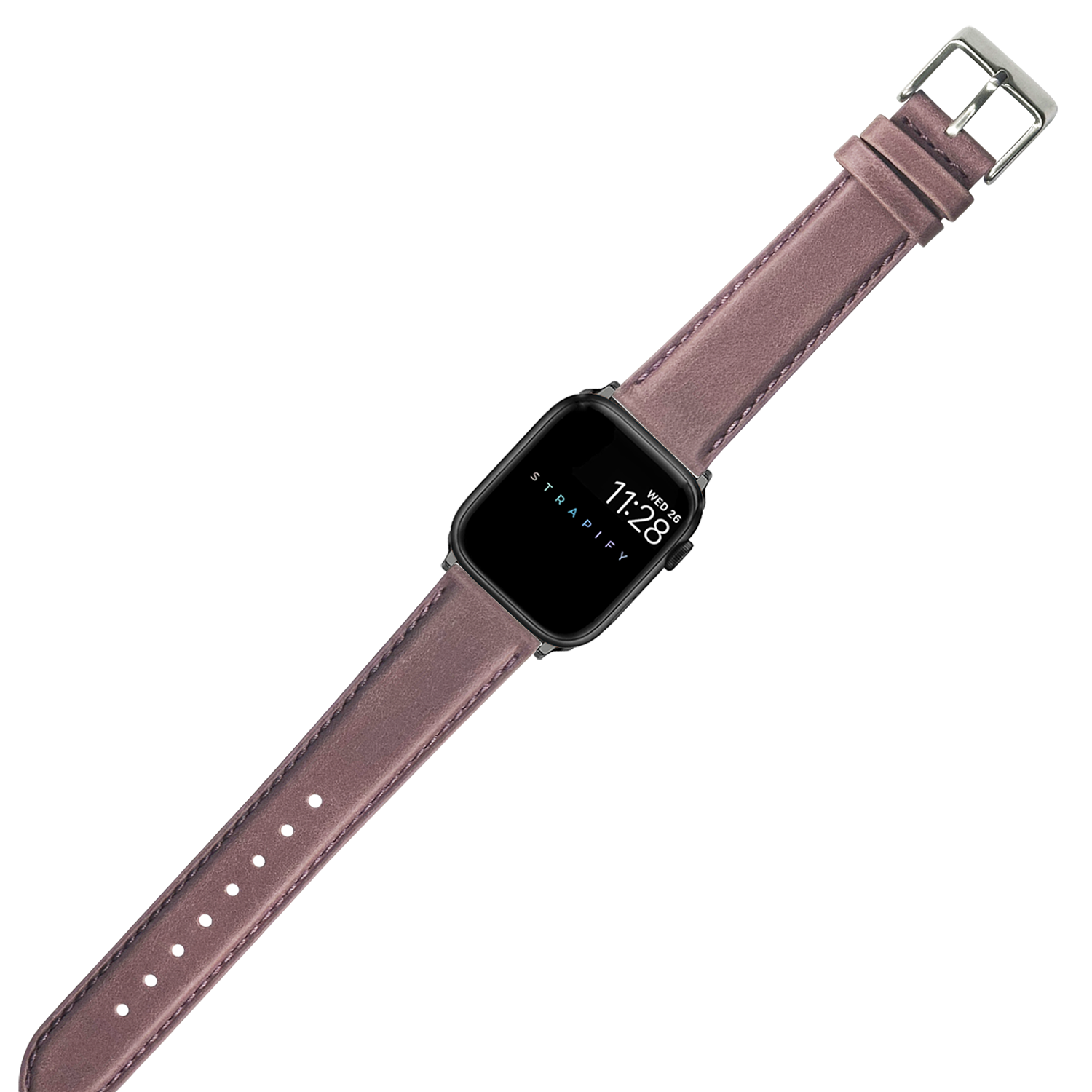 Smartwatch with square black case and mauve padded leather band with silver buckle