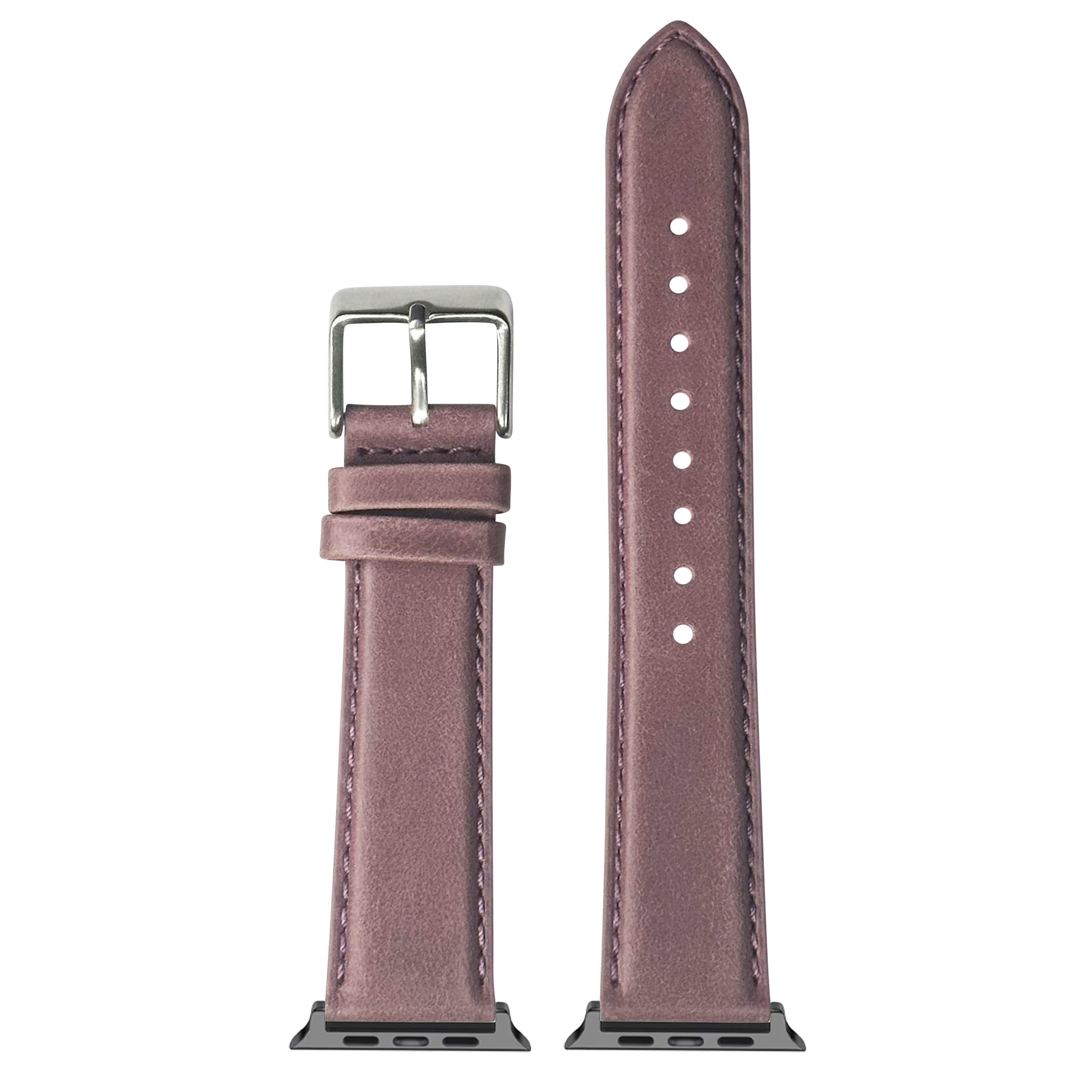 Mauve padded leather Apple Watch band with silver buckle and white stitching detail