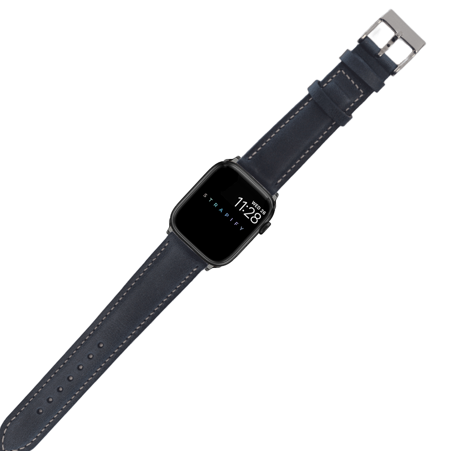 Black square smartwatch with navy blue leather band and beige stitching, displaying time 11:28 on screen
