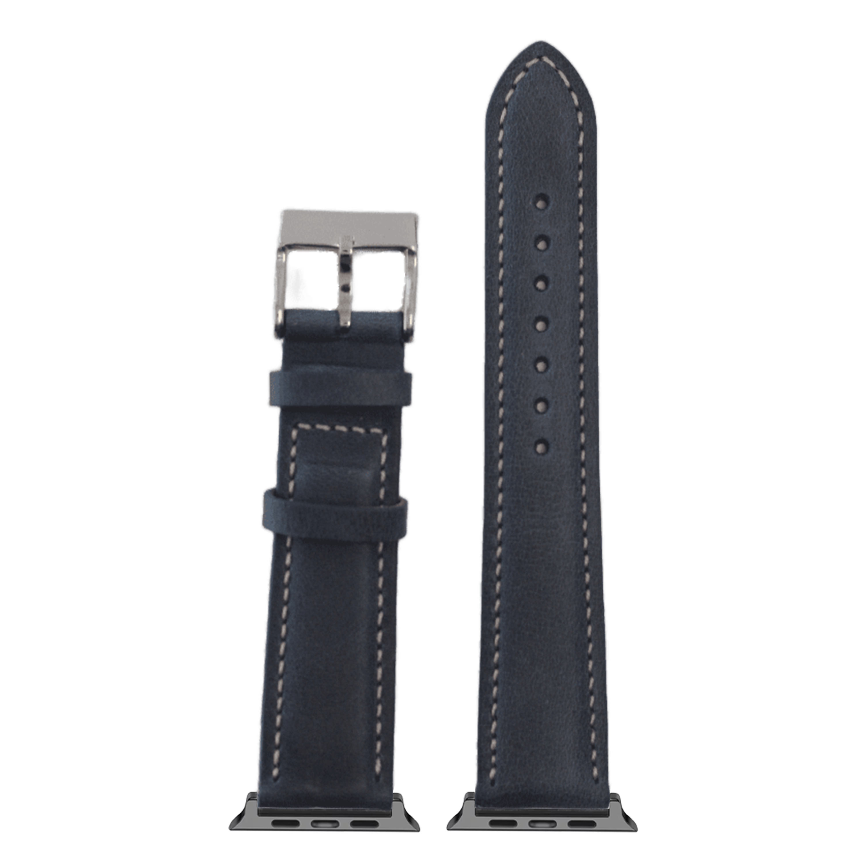Navy blue padded leather Apple Watch band with silver buckle and white contrast stitching shown extended and folded