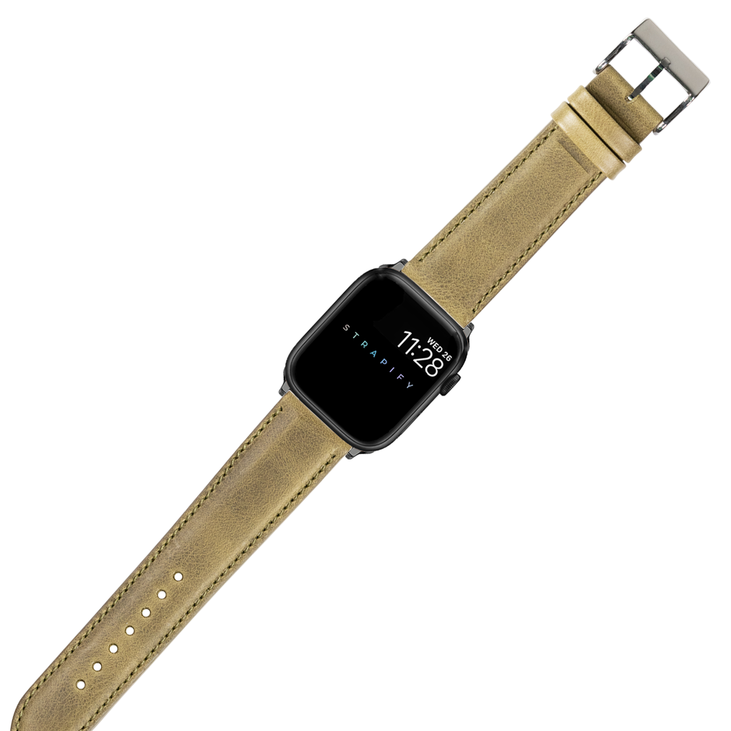 Black smartwatch with olive green padded leather strap and silver buckle on white background