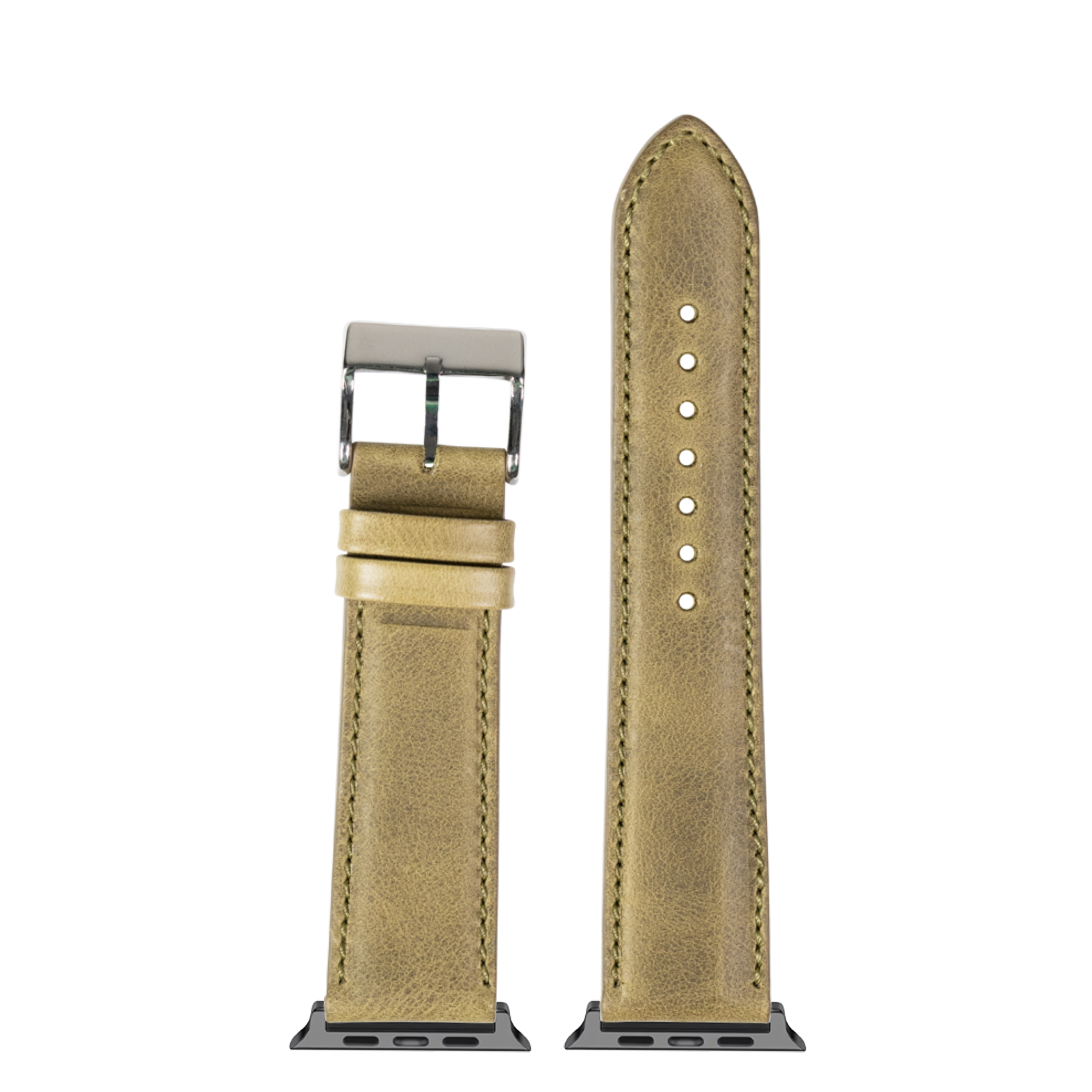 Tan leather Apple Watch band with padded design, silver buckle, and stainless steel connector, shown assembled and unattached