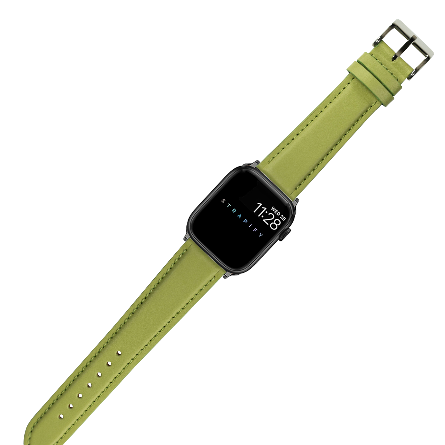 Smartwatch with black square face and pistachio green padded leather band featuring metal buckle clasp