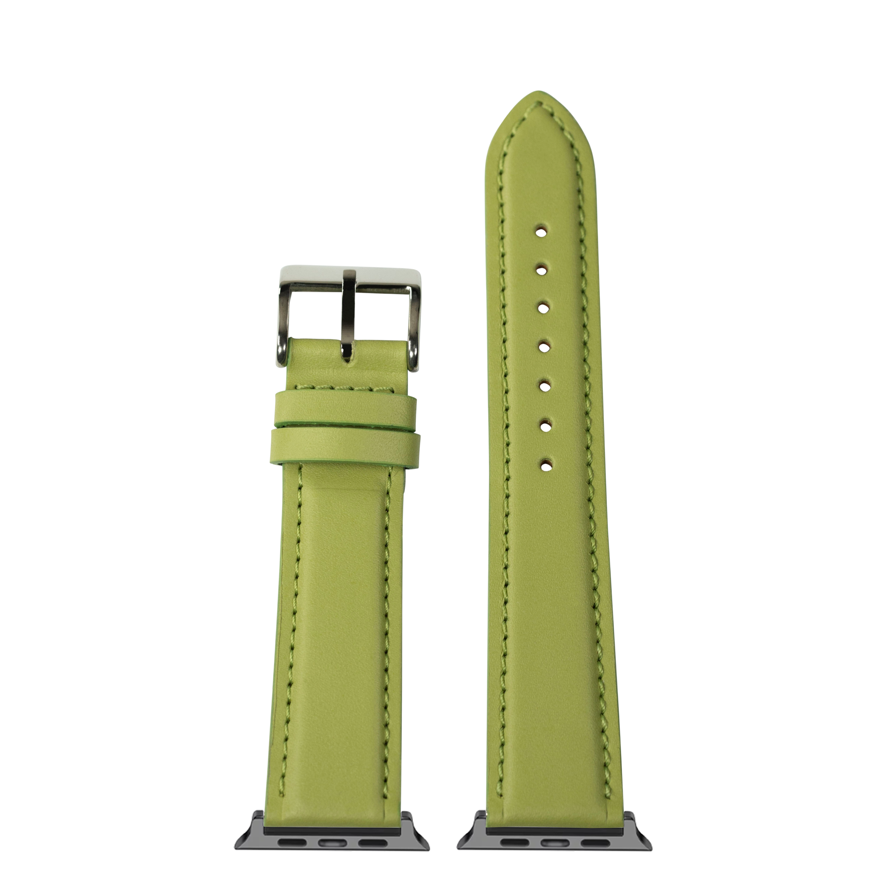 Green padded leather Apple Watch band with silver buckle and stitched edges
