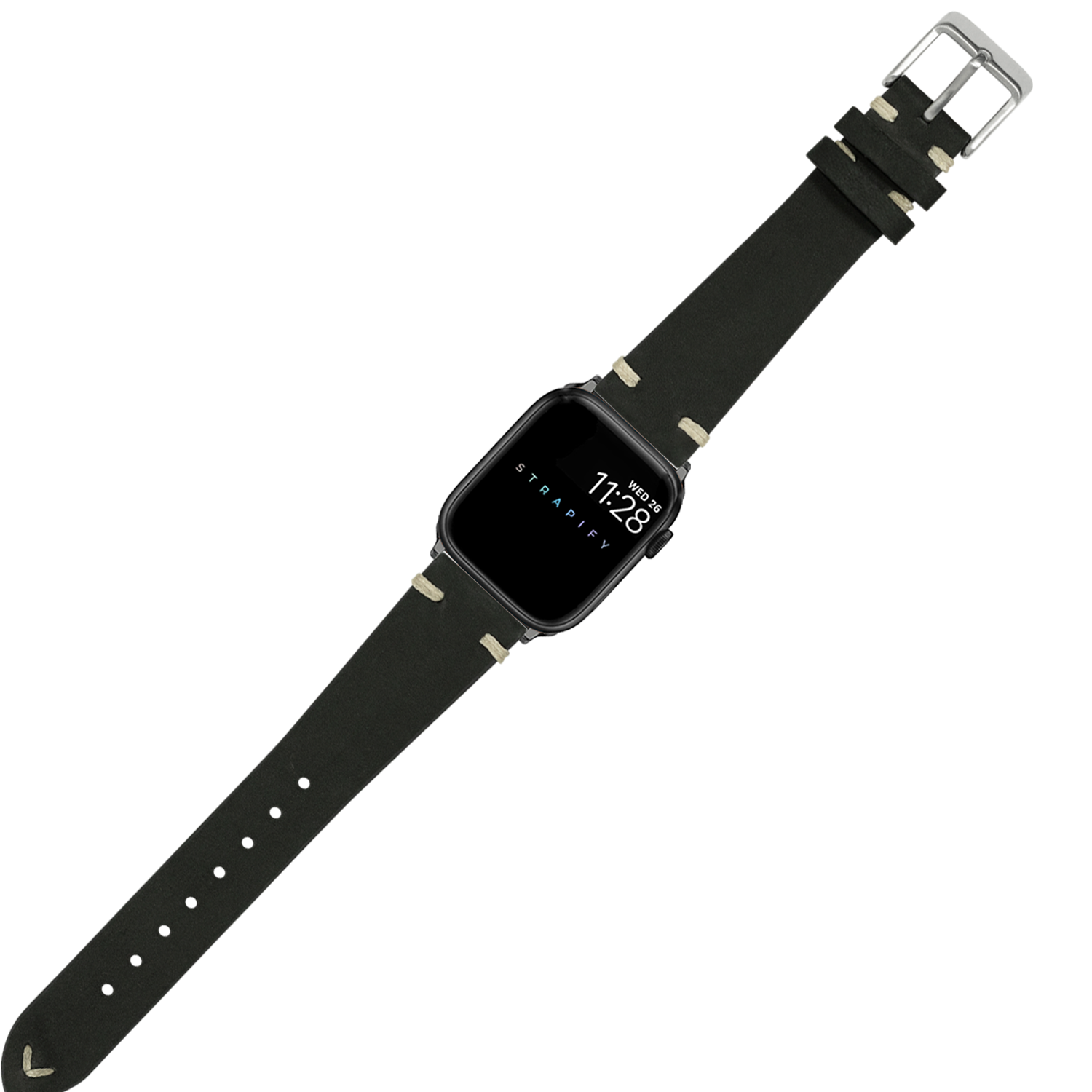Black nubuck leather vintage knotted Apple Watch band with silver buckle and adjustable strap