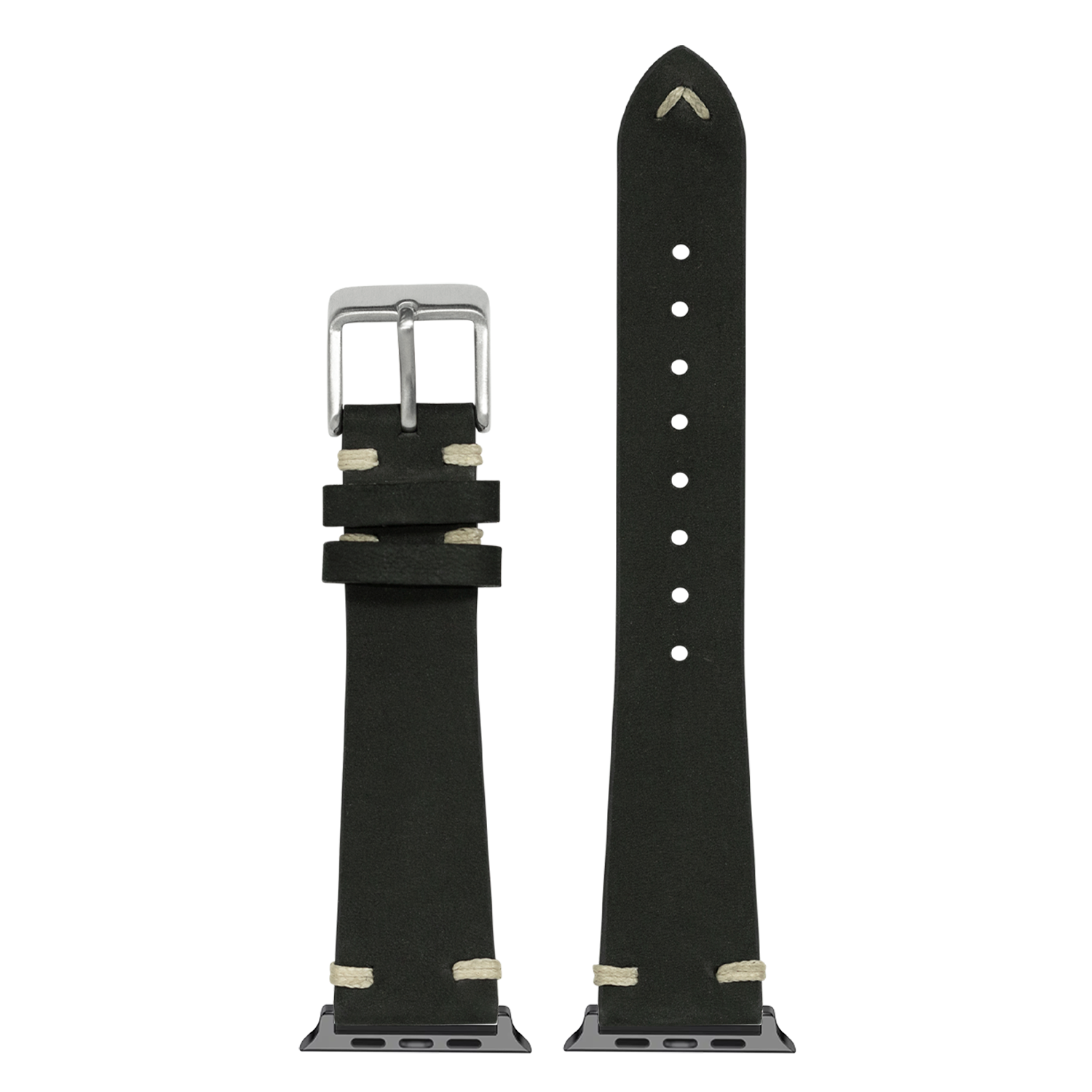 Black nubuck leather smartwatch band with vintage knotted design, cream stitching detail, and stainless steel buckle for Apple Watch