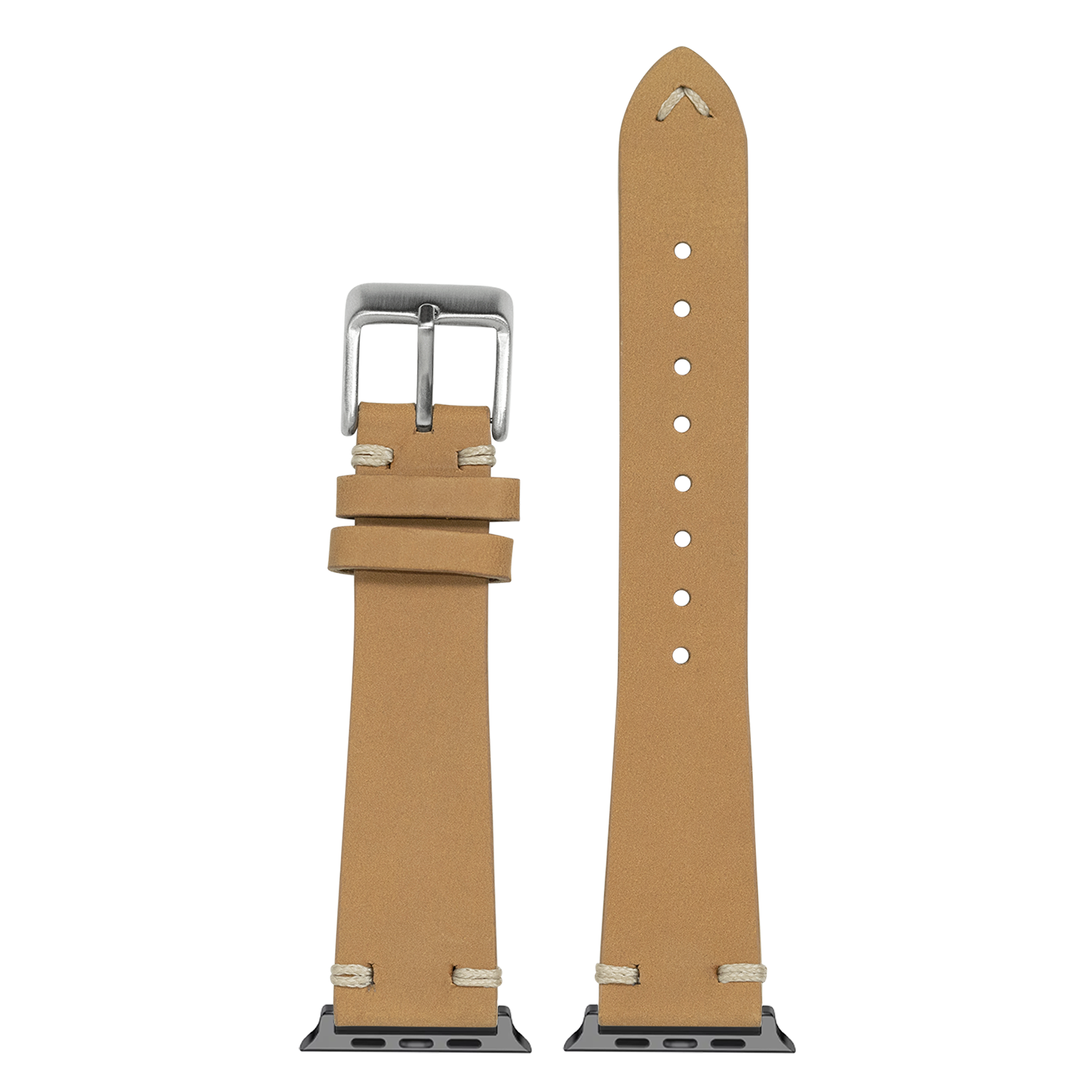 Tan nubuck leather smartwatch band with silver buckle, vintage knotted design, and adjustable holes displayed on white background