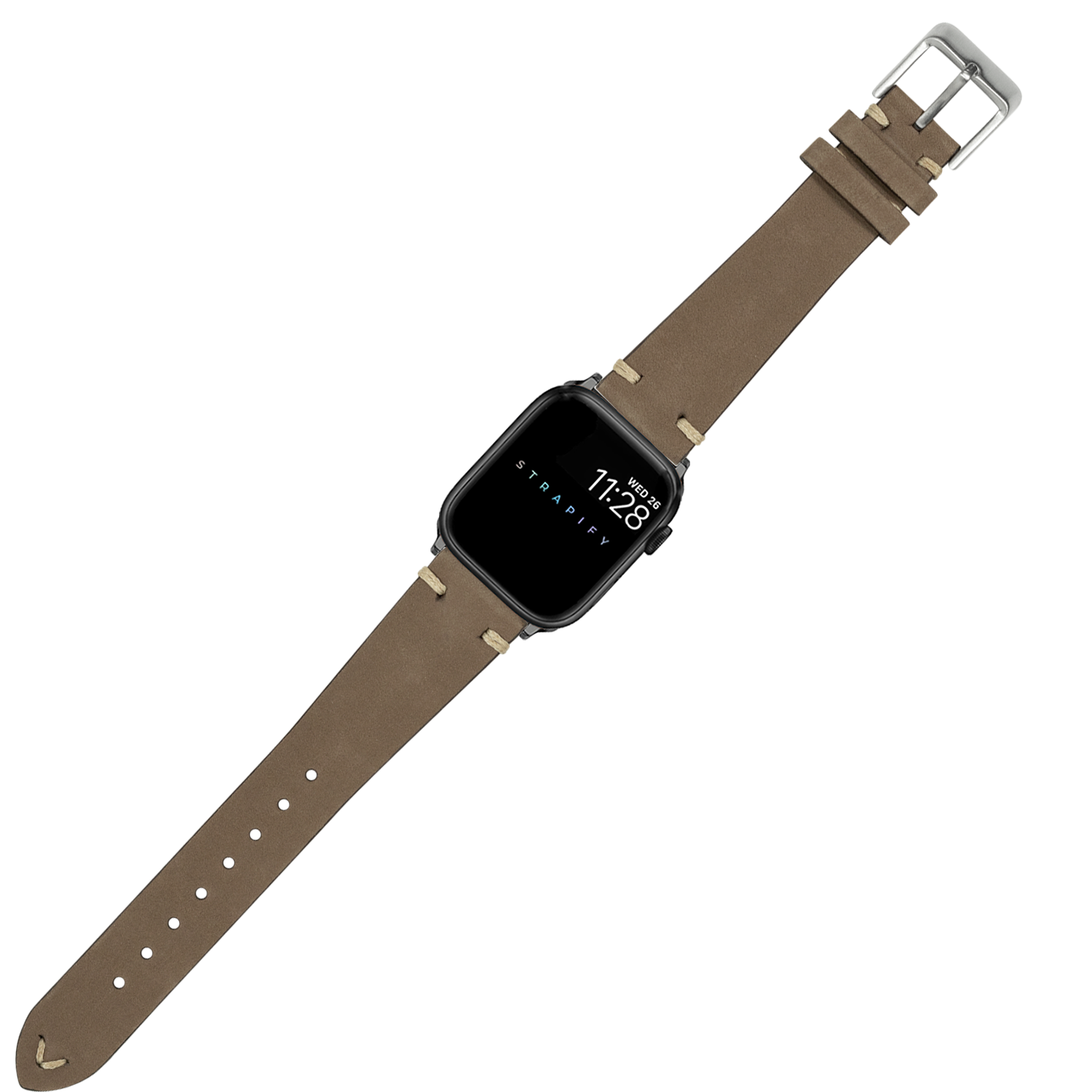 Black smartwatch with dark brown nubuck leather band, silver buckle, and digital display showing time and date