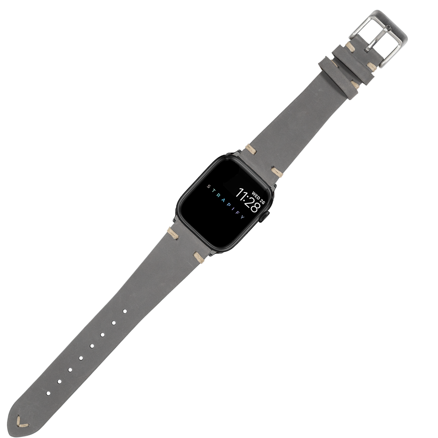 Grey nubuck leather Apple Watch band with vintage knotted design and stainless steel buckle