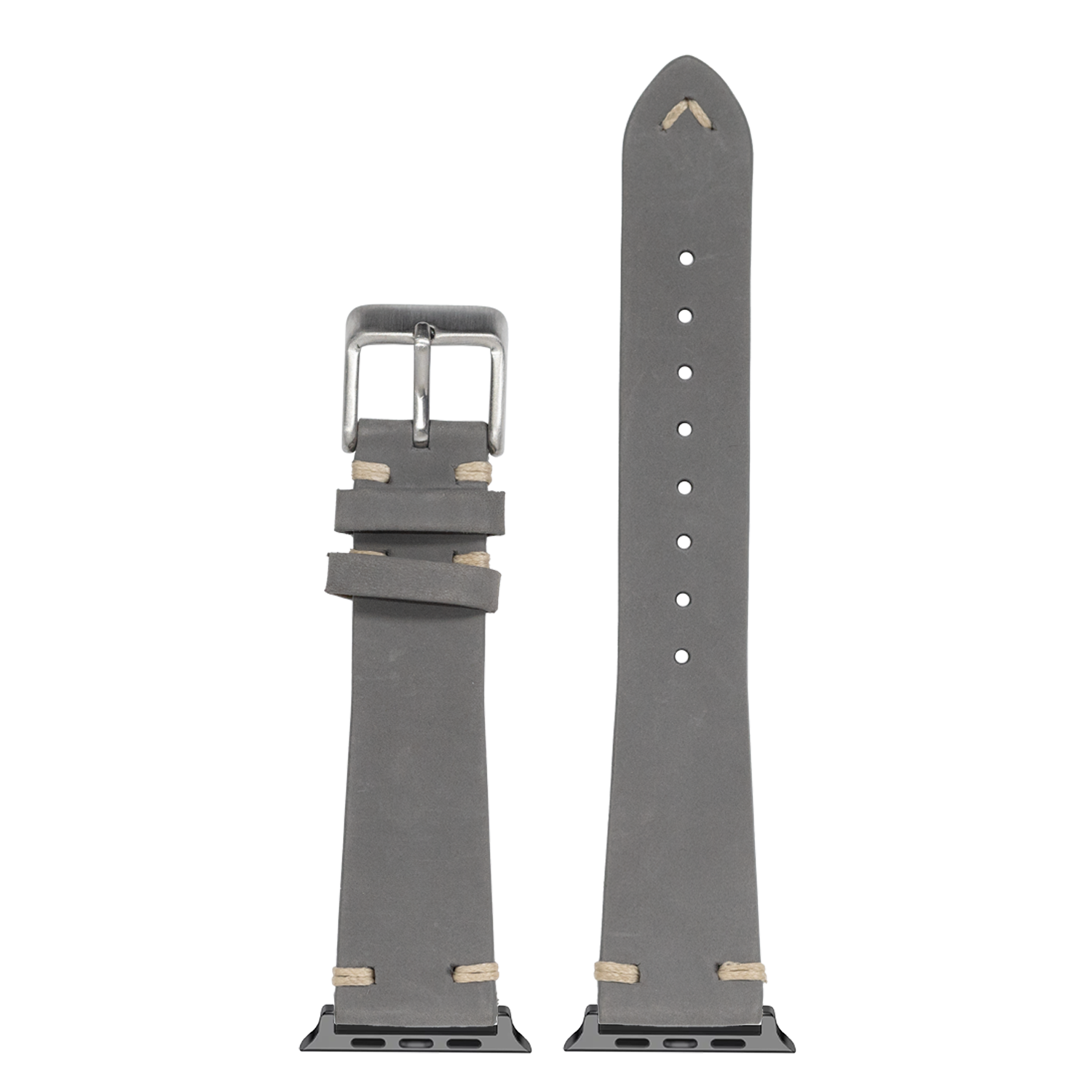 Grey nubuck leather Apple Watch band with vintage knotted design, stainless steel buckle, and adjustable sizing holes