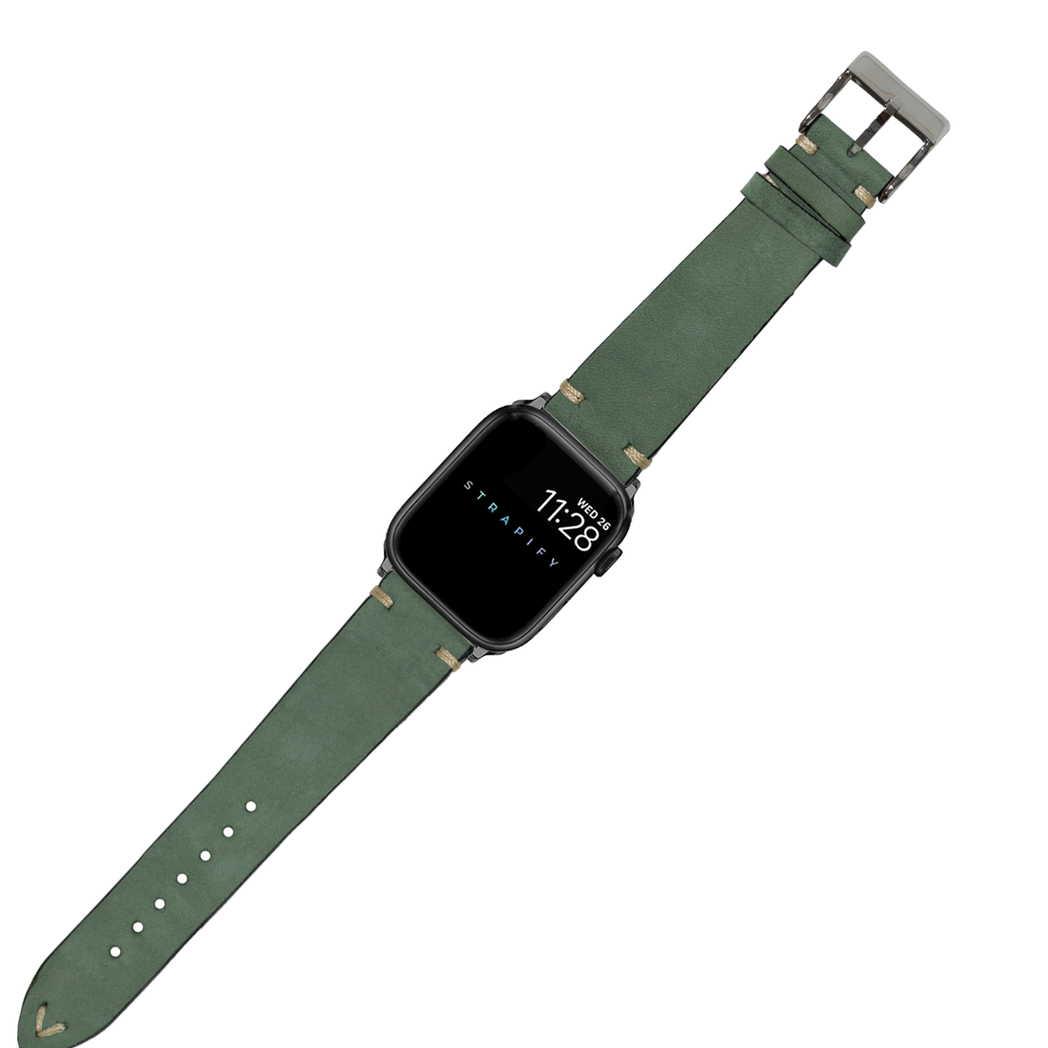 Black smartwatch with sage green leather band and adjustable buckle closure displaying time 11:28