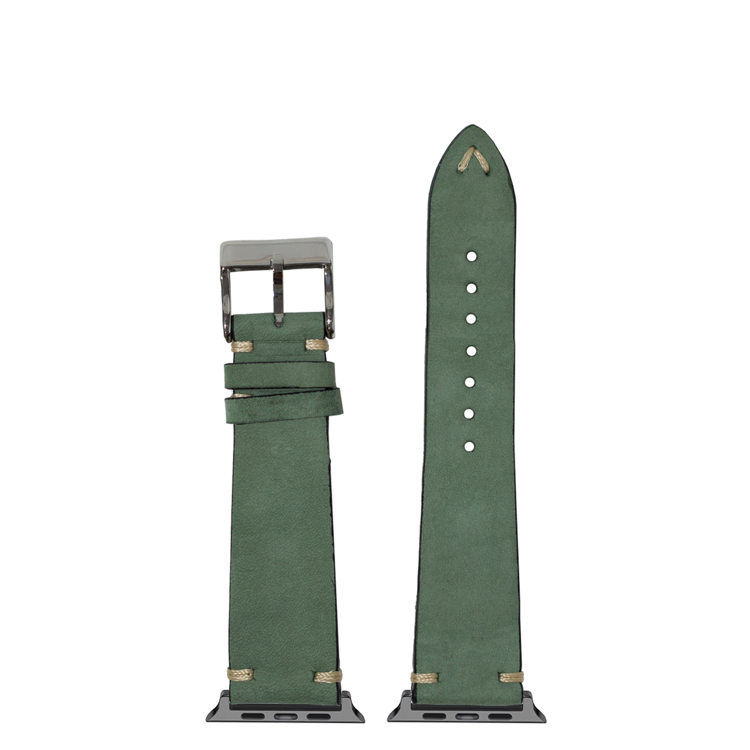 Vintage Knotted nubuck leather Apple Watch band in sage green with silver buckle and matching strap detail