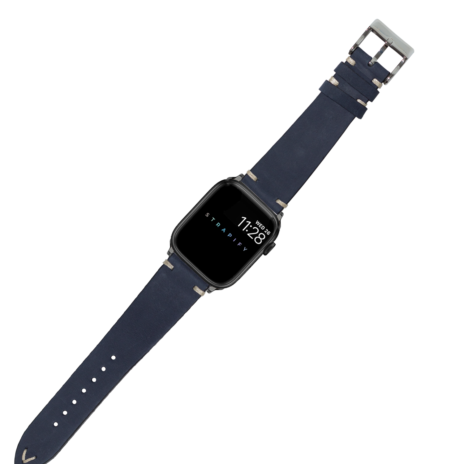 Navy blue nubuck leather Apple Watch band with knotted design and silver buckle, displayed on smartwatch showing time 11:28