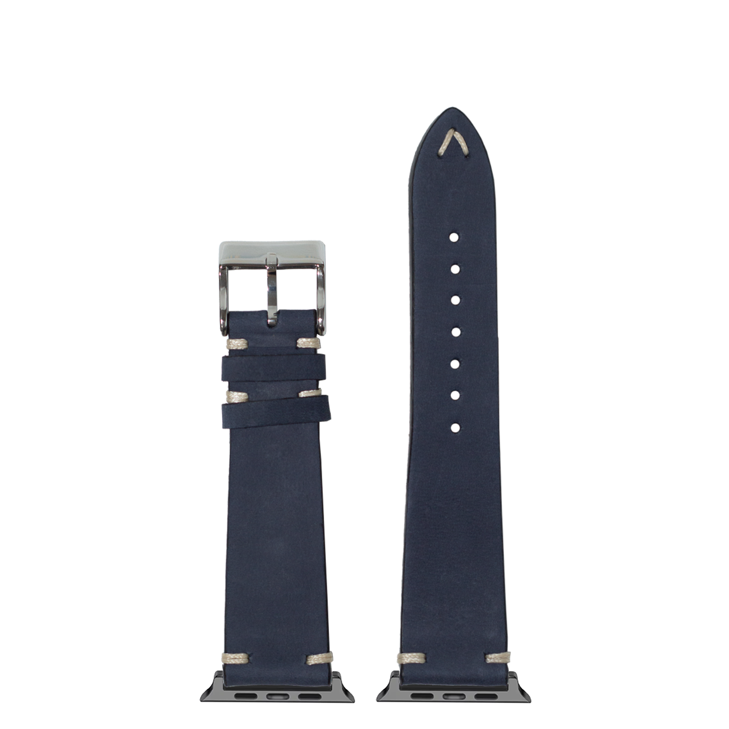 Navy blue nubuck leather Apple Watch band with vintage knotted design and silver hardware details, shown flat with buckle and connector display