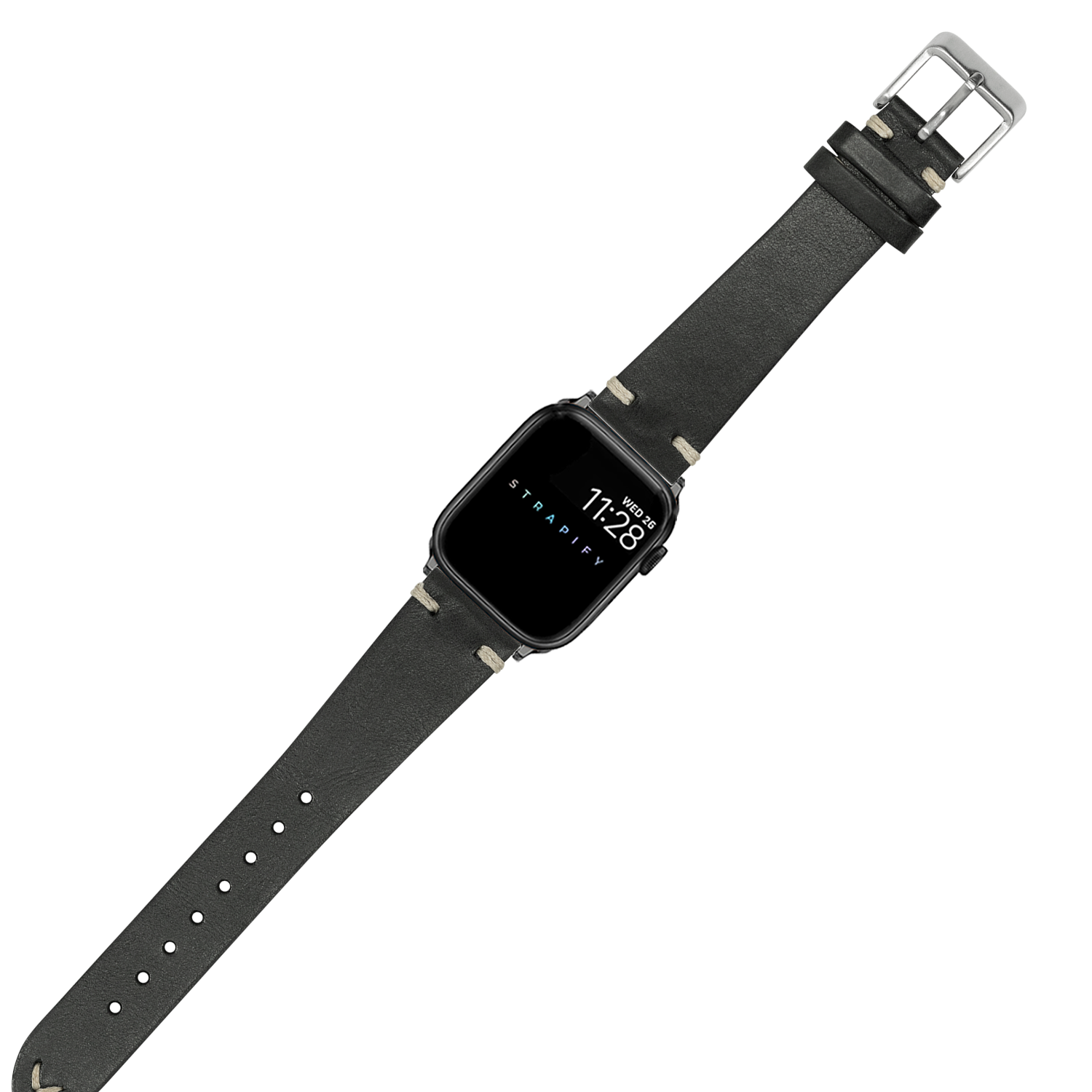 Black leather Apple Watch band with vintage knotted design and silver buckle closure
