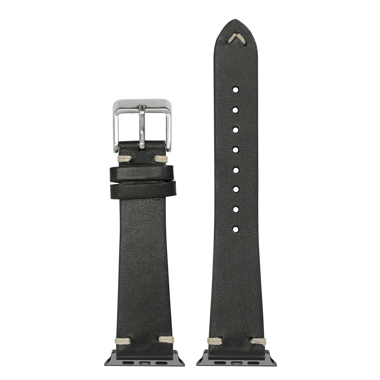 Black vintage knotted leather Apple Watch band with silver buckle and cream stitching details