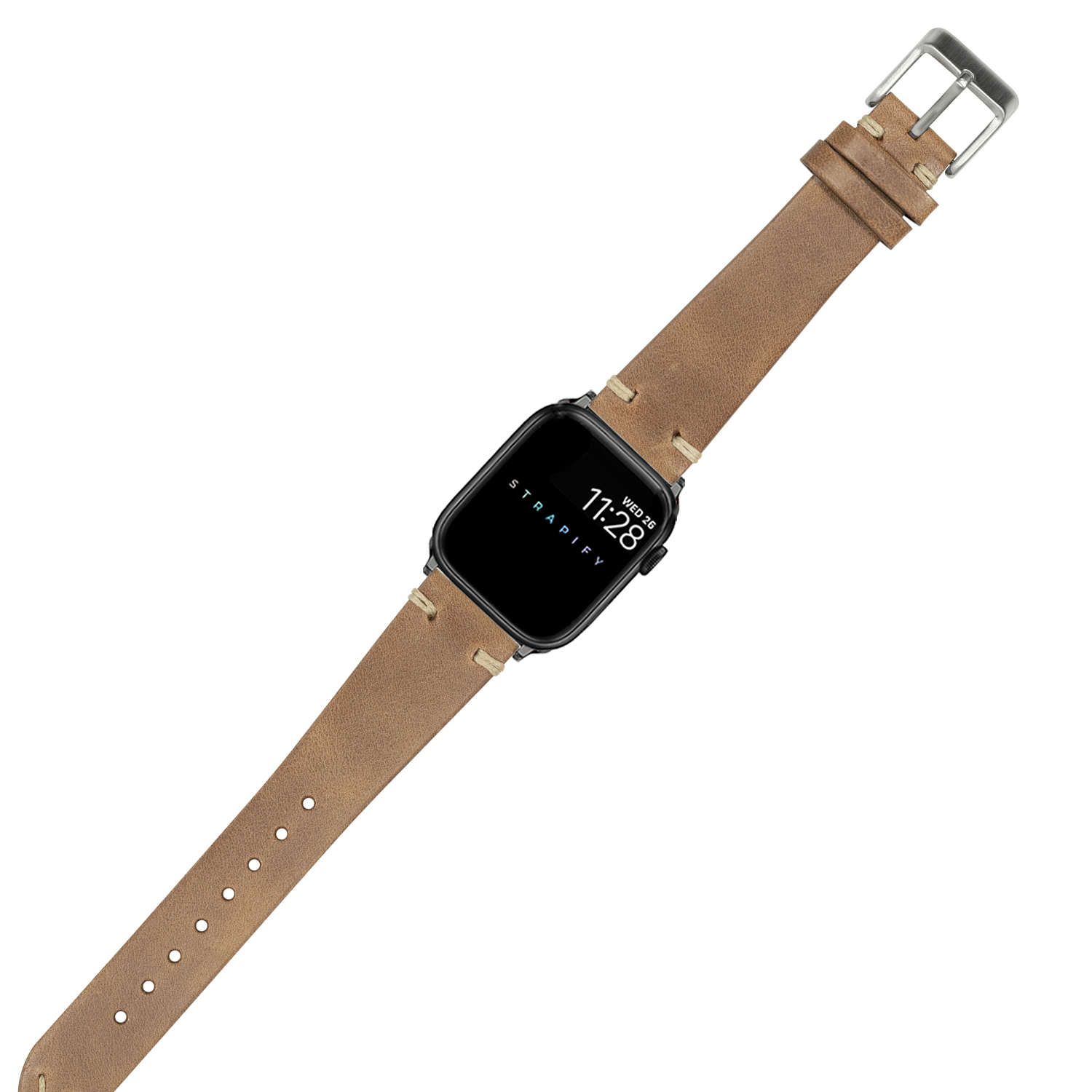 Smartwatch with black square face displaying time, featuring tan leather strap with knotted detail and silver buckle closure