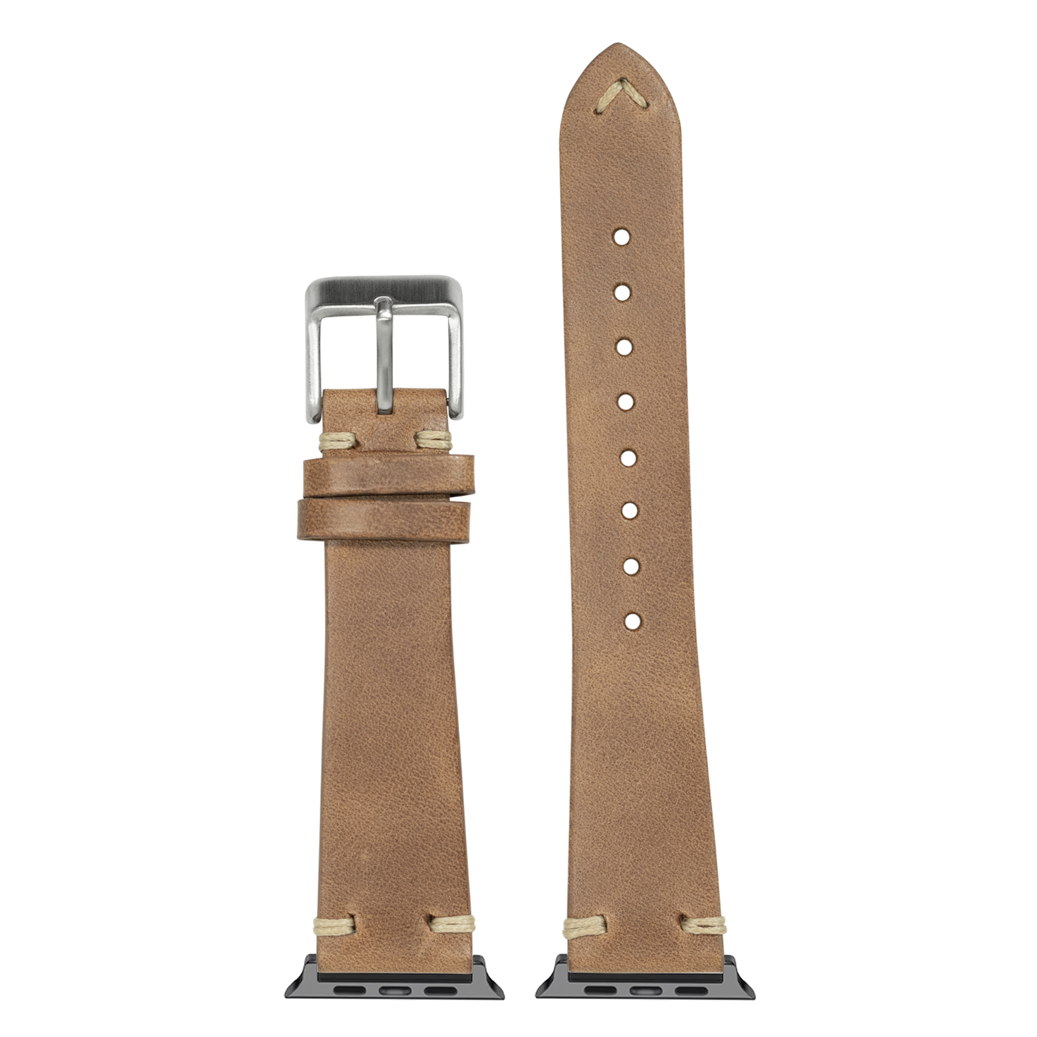 Tan leather smartwatch band with silver buckle and adjustable holes for Apple Watch, featuring vintage knotted design and genuine suede texture