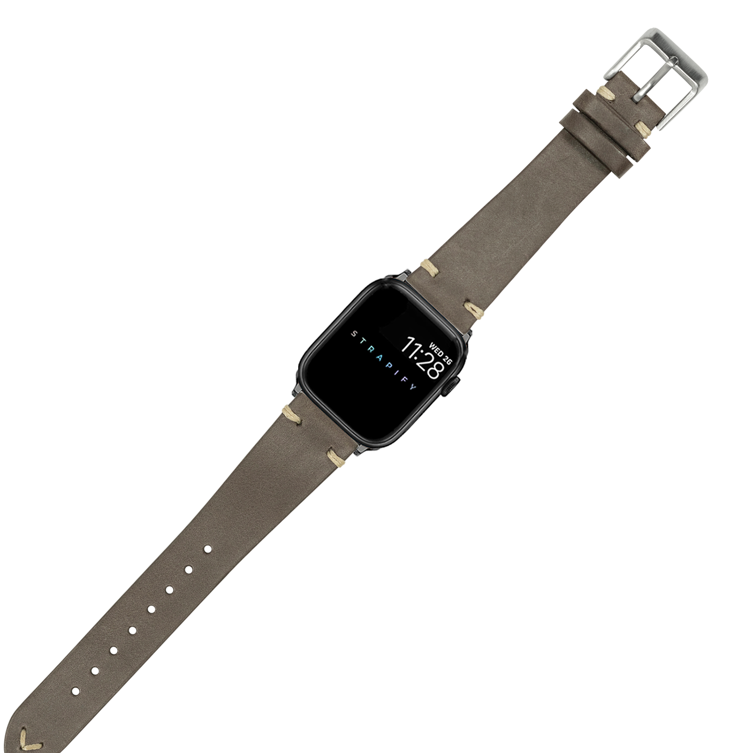 Vintage knotted dark brown leather smartwatch band with silver buckle and adjustment holes on tan display watch