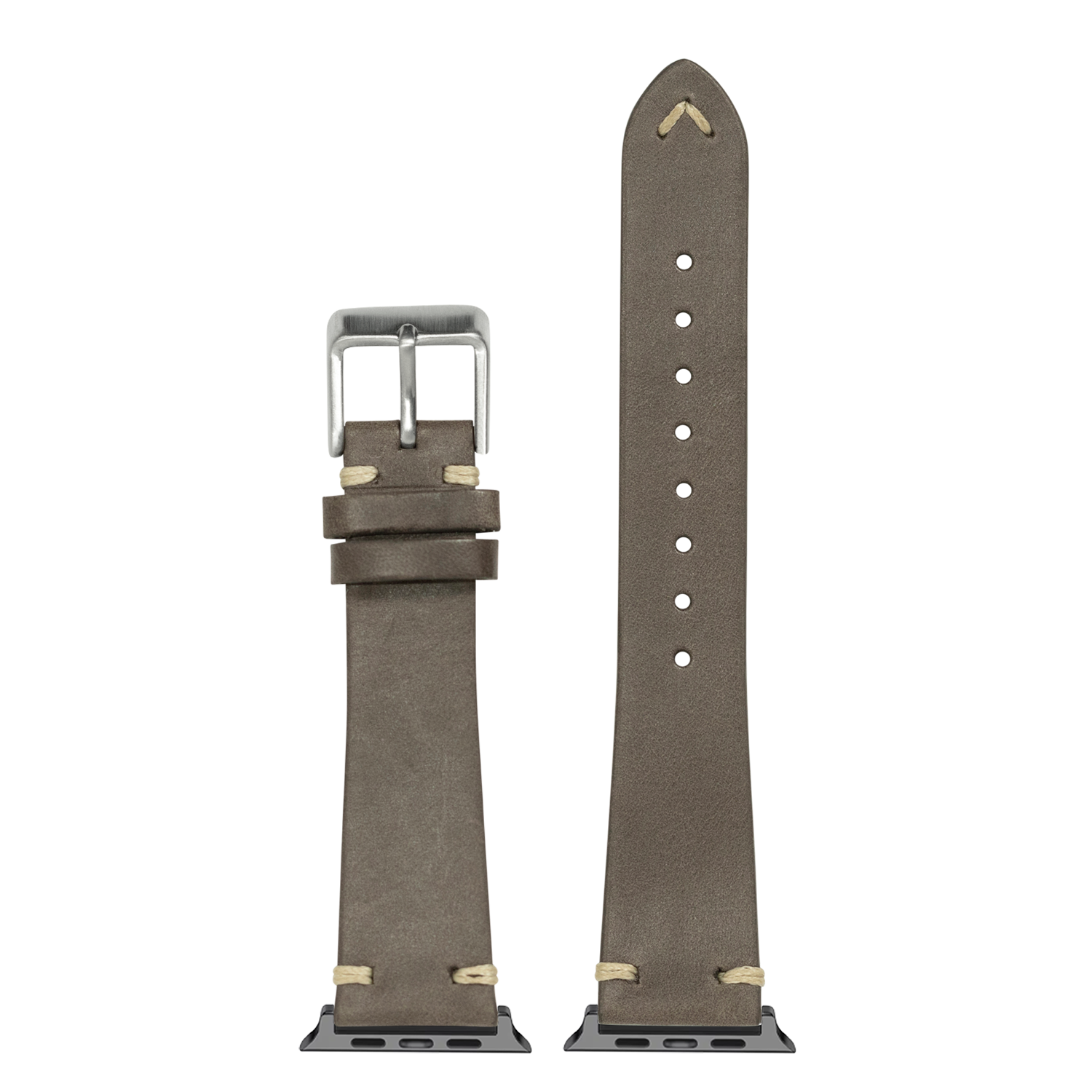 Dark brown vintage knotted leather Apple Watch band with silver buckle, cream stitching and connector, displayed flat