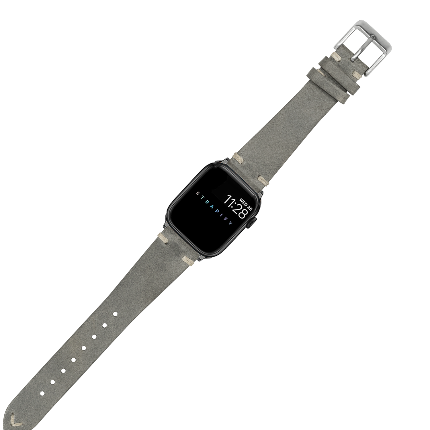 Grey vintage knotted leather Apple Watch band with silver buckle and adjustable strap holes