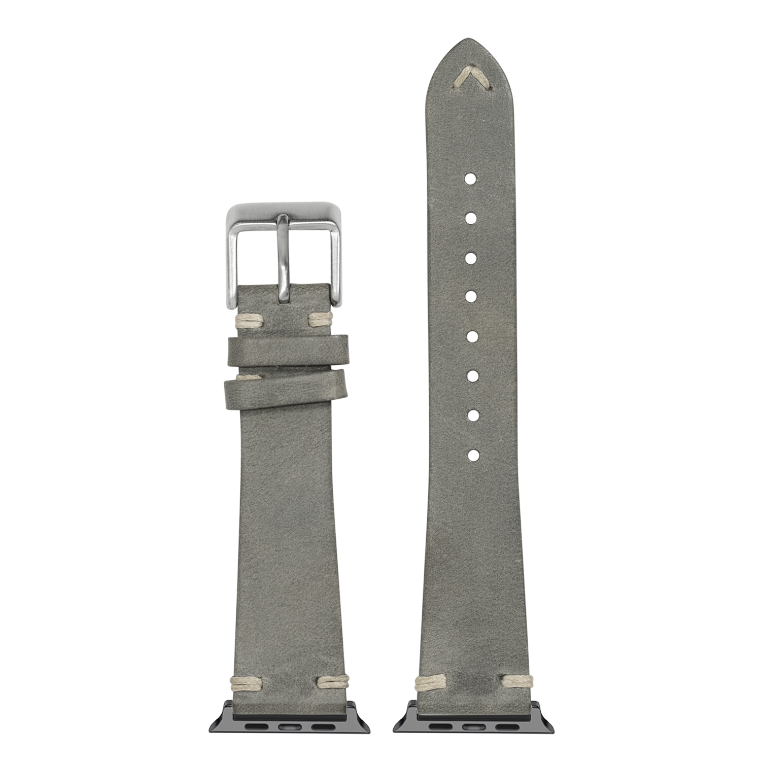 Grey vintage leather smartwatch band with stainless steel buckle and watch adapter connectors, full length view