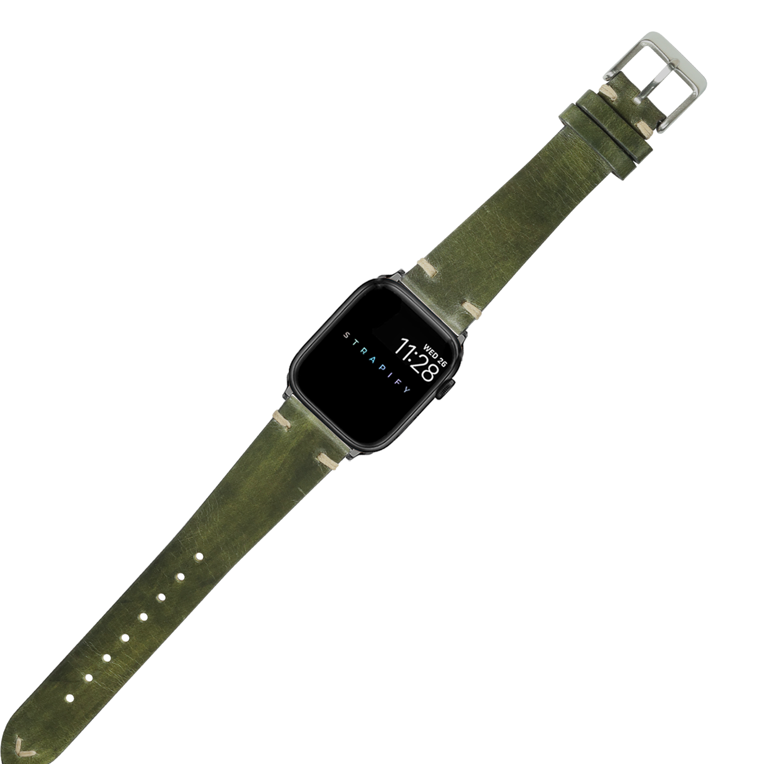 Black smartwatch with Smoked Amazon Green vintage knotted leather band and silver buckle, displaying time on face