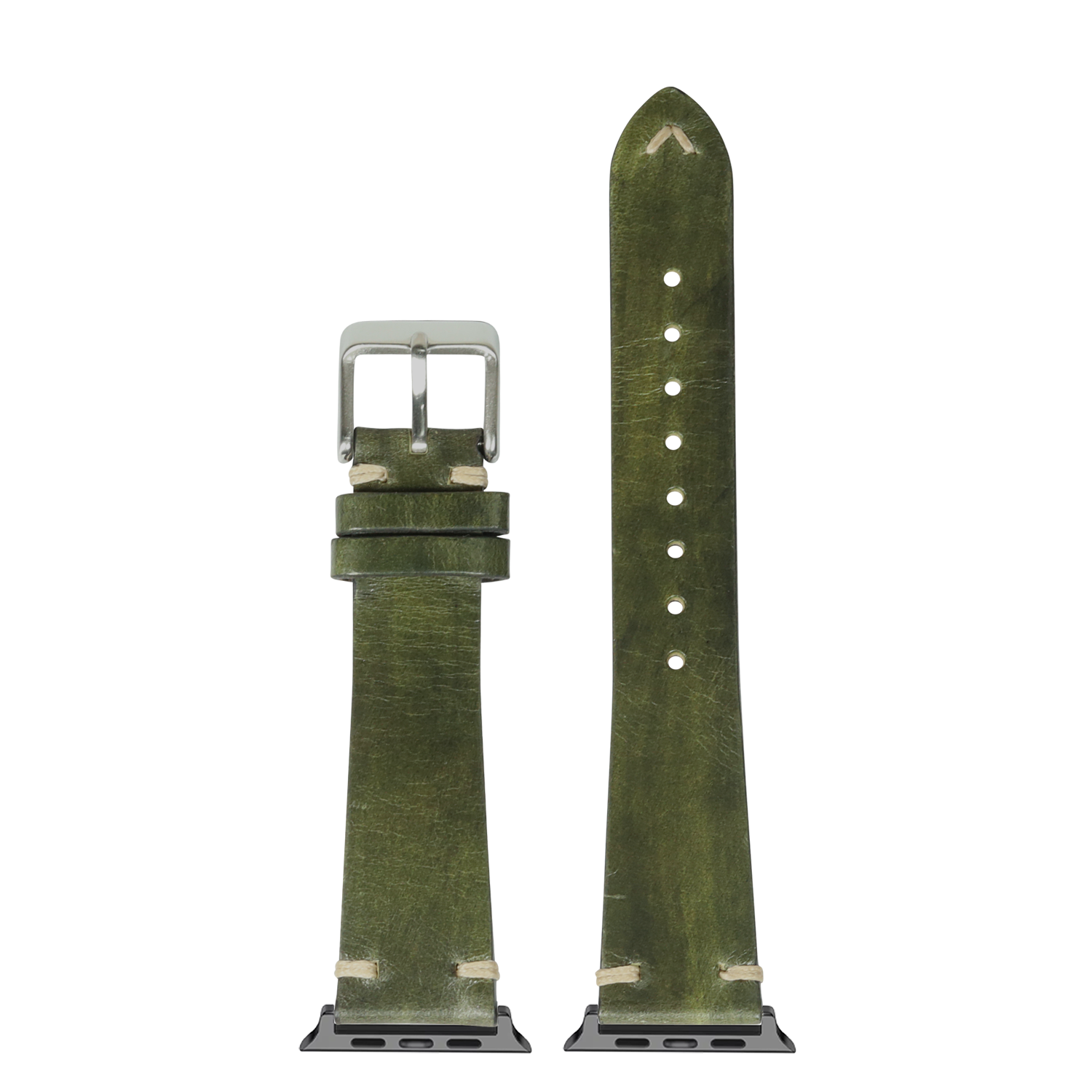 Olive green leather Apple Watch band with silver buckle and white stitched holes, shown assembled and unassembled views