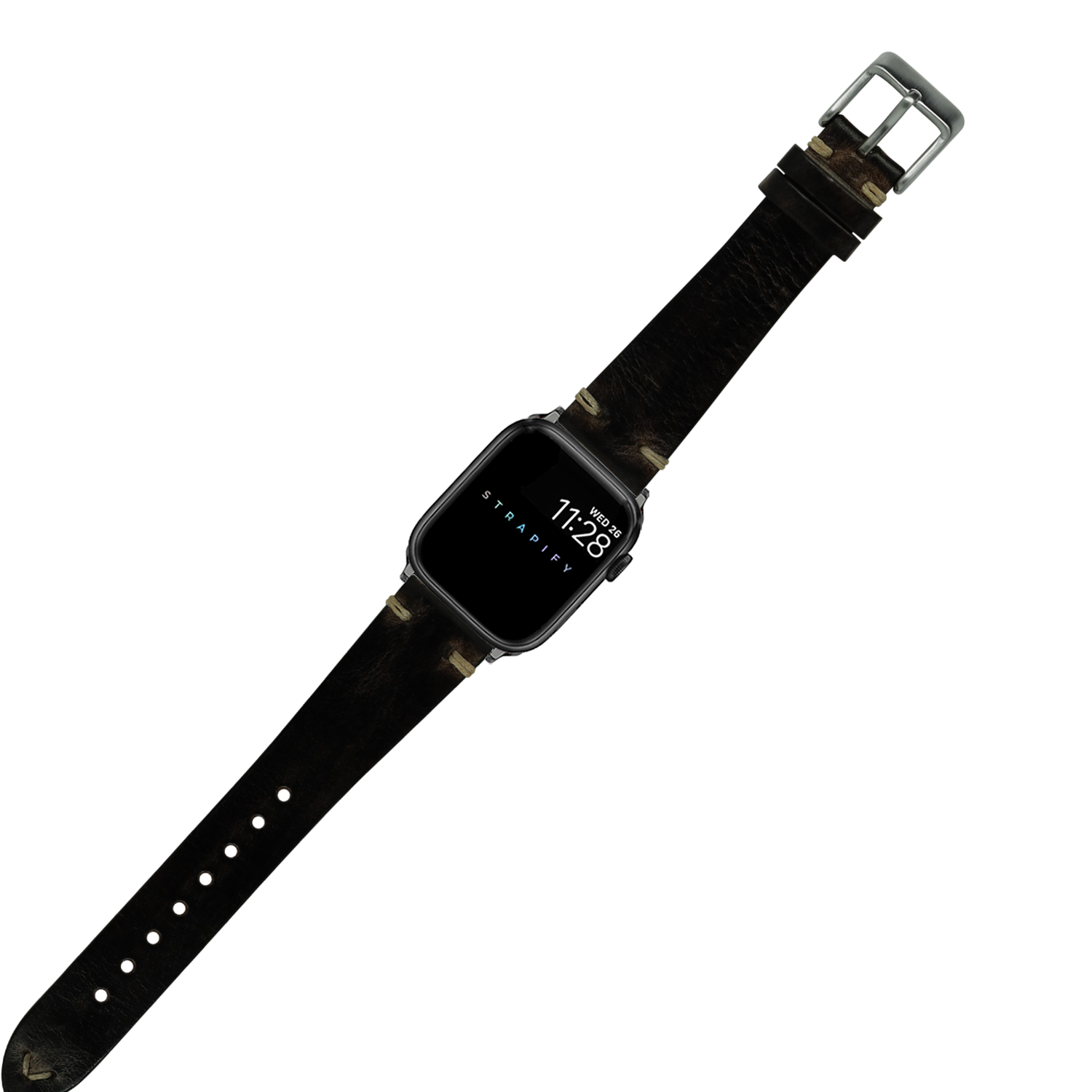 Strapery vintage knotted leather smartwatch band in smoked black with brushed metal buckle for Apple Watch
