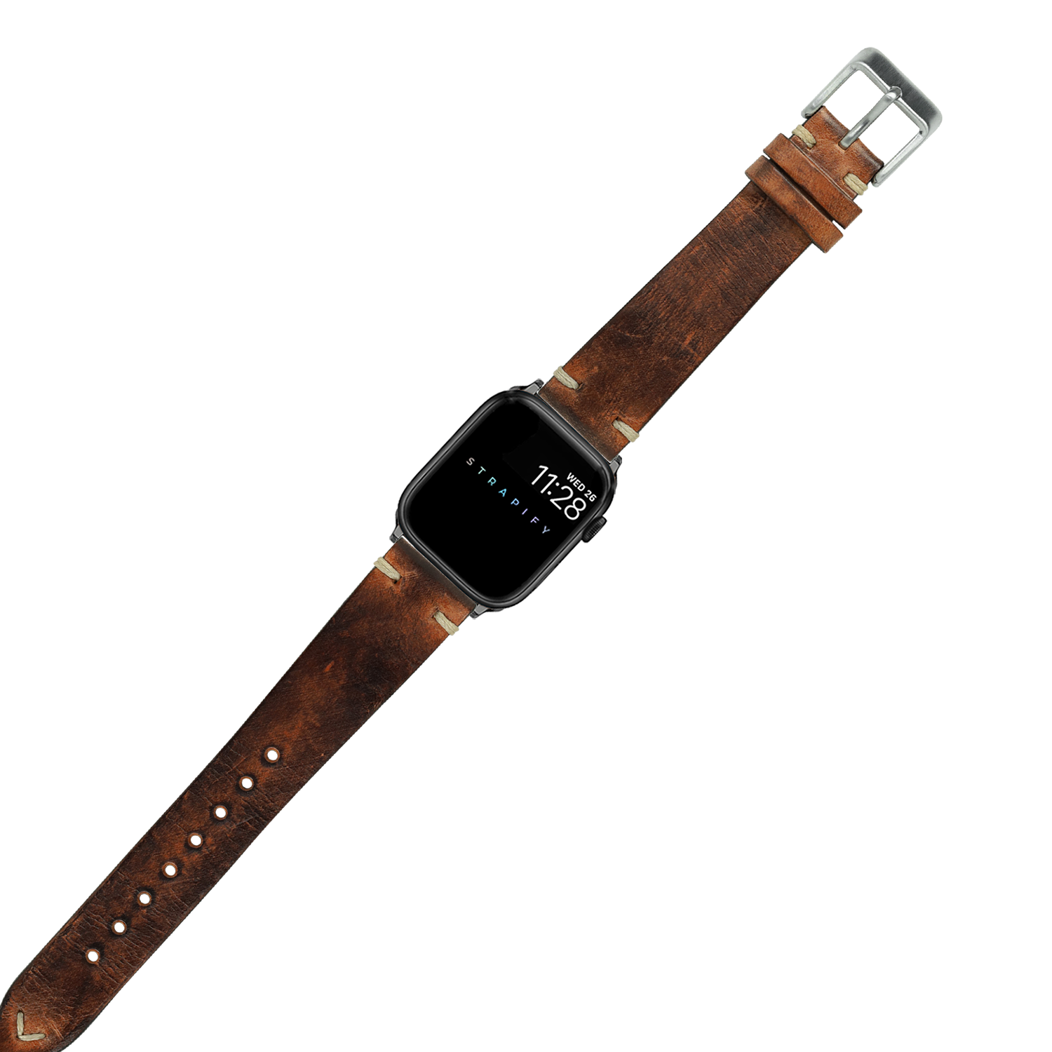 Smartwatch with square black face and vintage smoked brown leather band featuring knotted design and silver buckle