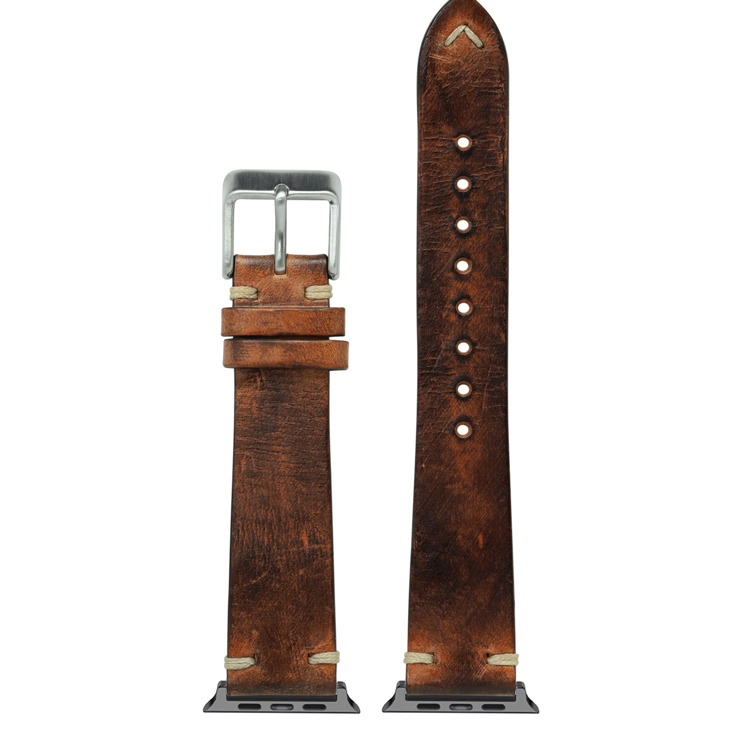 Vintage smoked brown leather Apple Watch band with buckle closure and white stud detailing, shown front and back views