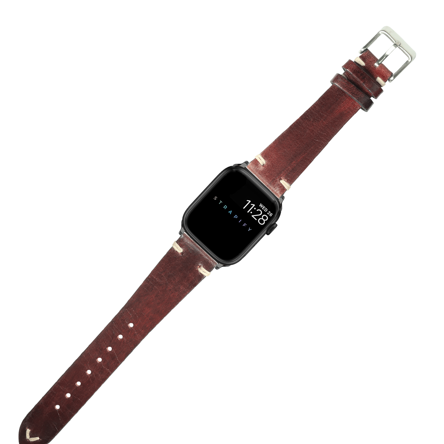 Black smartwatch with square face displaying time, burgundy leather strap with silver buckle and vintage knotted design