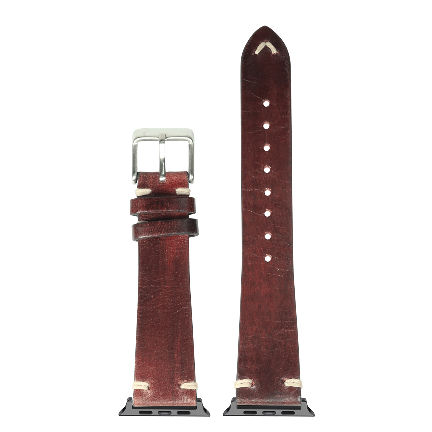 Vintage knotted leather apple watch band in smoked dark brown with silver buckle and connector, displayed front and back view