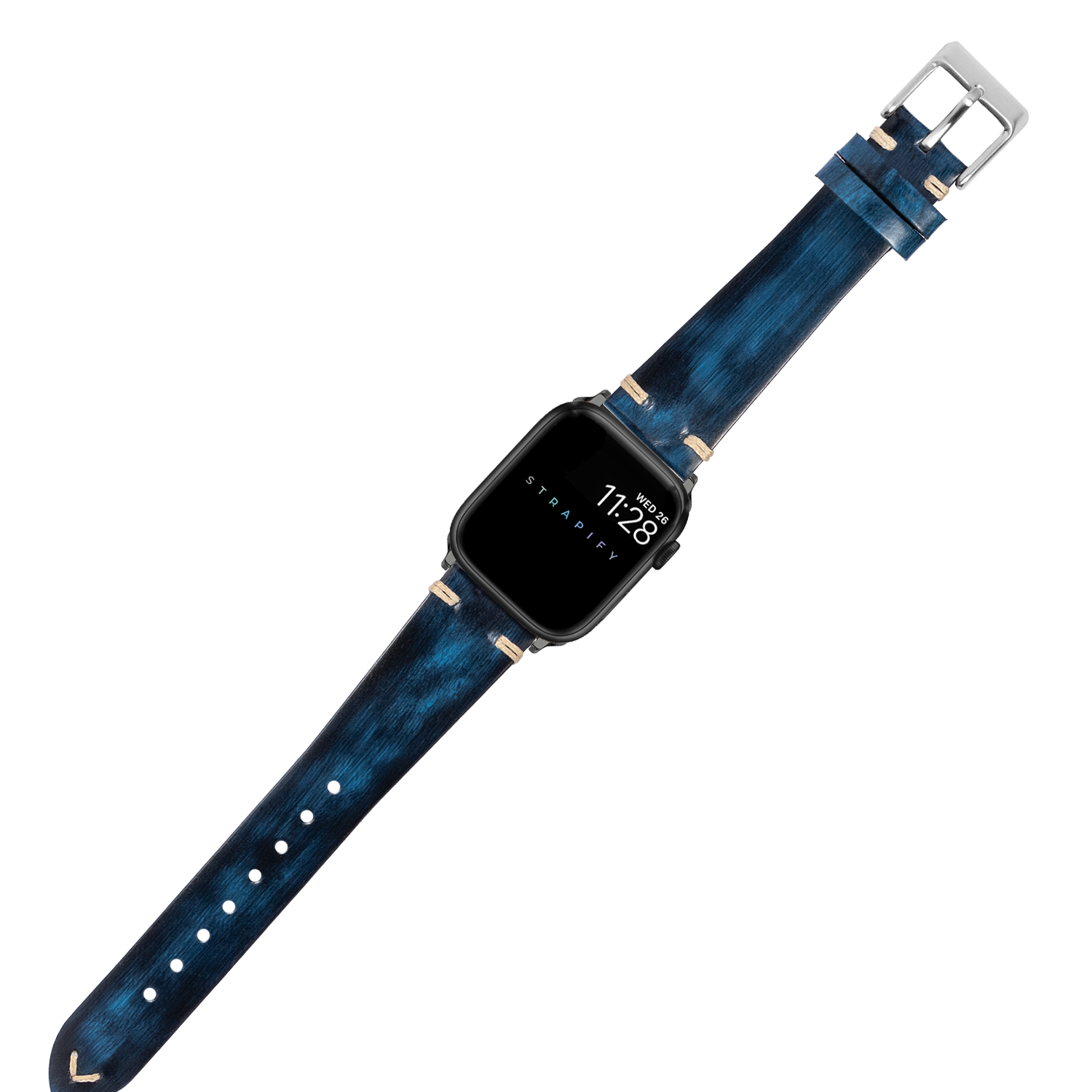 Smartwatch with black square face displaying time, paired with blue brushed leather strap featuring silver buckle and decorative knots