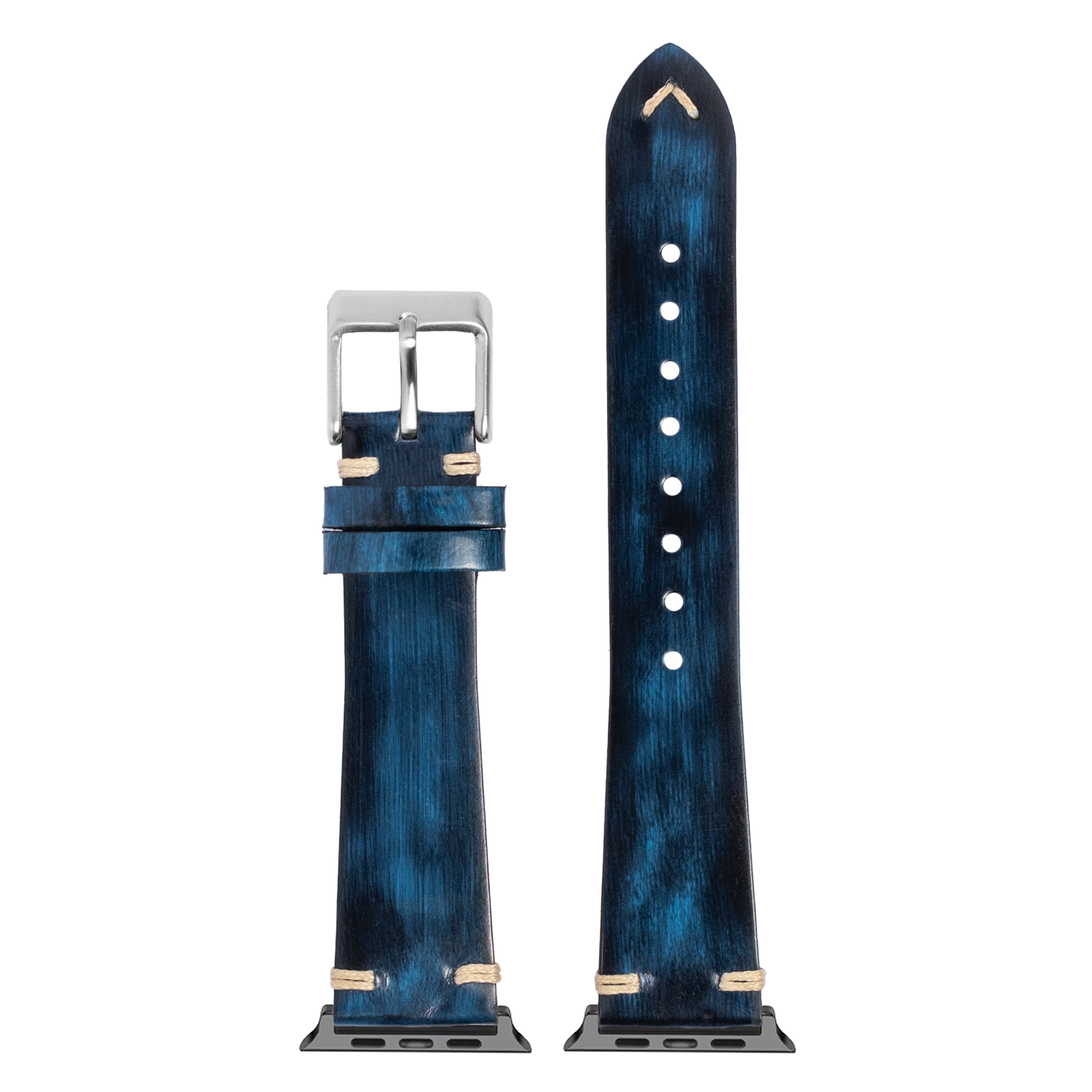 Smoked navy blue leather Apple Watch band with knotted design, silver buckle, and tan accents shown assembled and unassembled