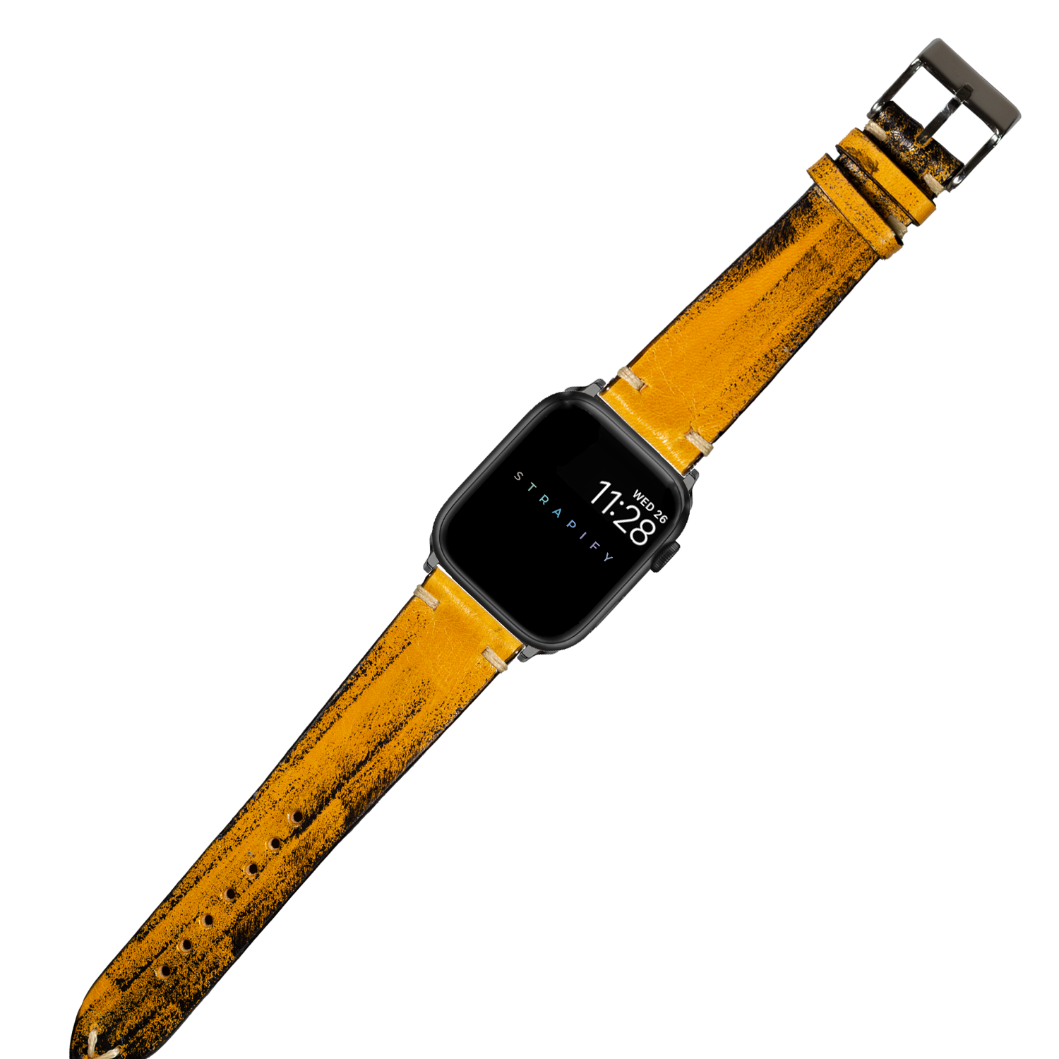 Smartwatch with black square face displaying time on vintage smoked yellow distressed leather watch band with black buckle